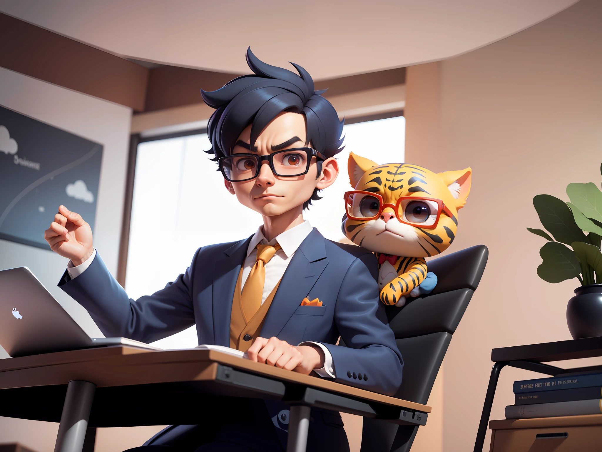 A young man in a suit, Short hair and glasses sat at his desk,holding laptop,digitial painting,tigre,3D character design by Mark Clairen and Pixar and Hayao Miyazaki and Akira Toriyama,4K HD illustration,Very detailed facial features and cartoon-style visuals。