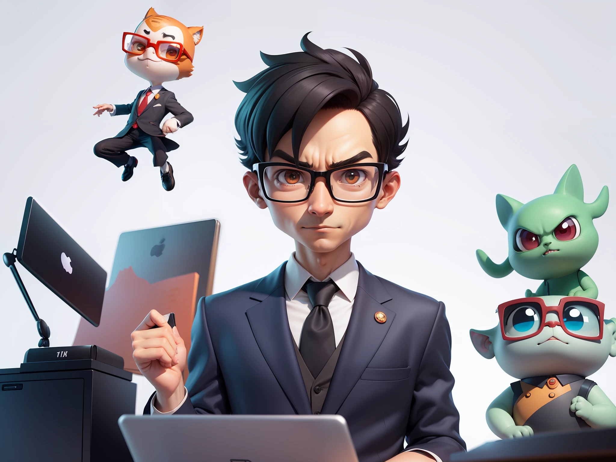 A young man in a suit, Short hair and glasses sat at his desk,holding laptop,digitial painting,tigre,3D character design by Mark Clairen and Pixar and Hayao Miyazaki and Akira Toriyama,4K HD illustration,Very detailed facial features and cartoon-style visuals。