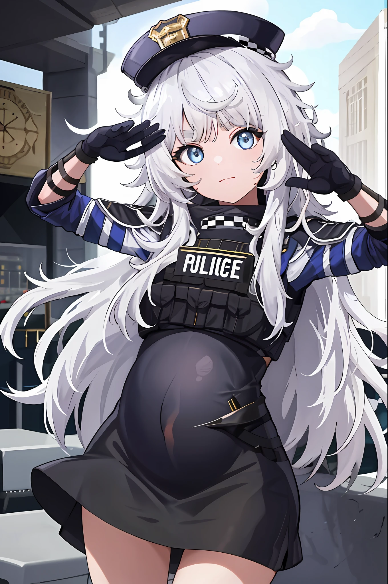 tmasterpiece, Best quality at best, highr, 1girll, 独奏, long whitr hair, Hats, eBlue eyes, White hair, messy hair, black glove, white legwear, police uniforms, a black skirt, short- sleeved, cow boy shot, saluting, hand on hips,pregnant belly,Pregnant belly