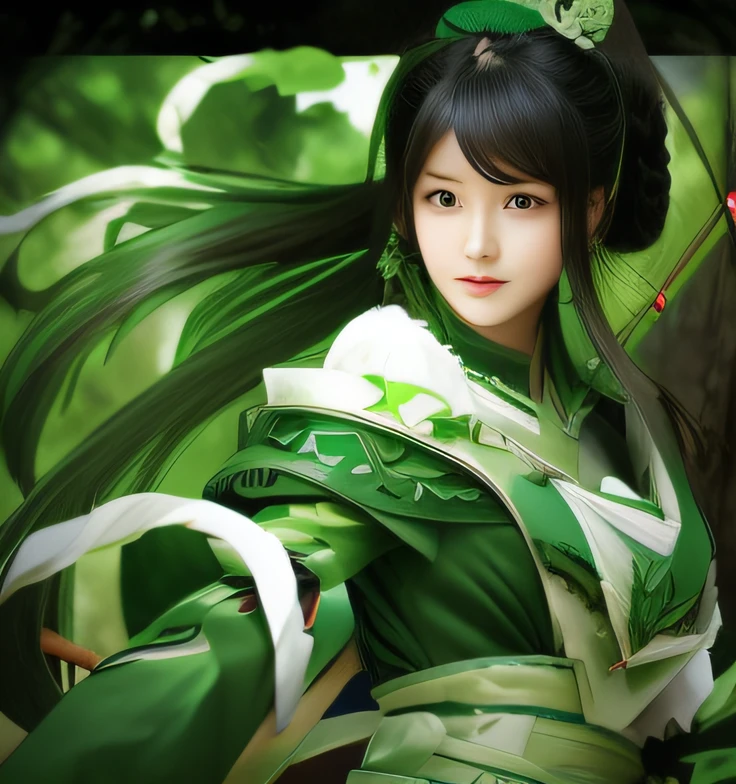 Japan girl with sword and green dress, A dark-haired、the woods