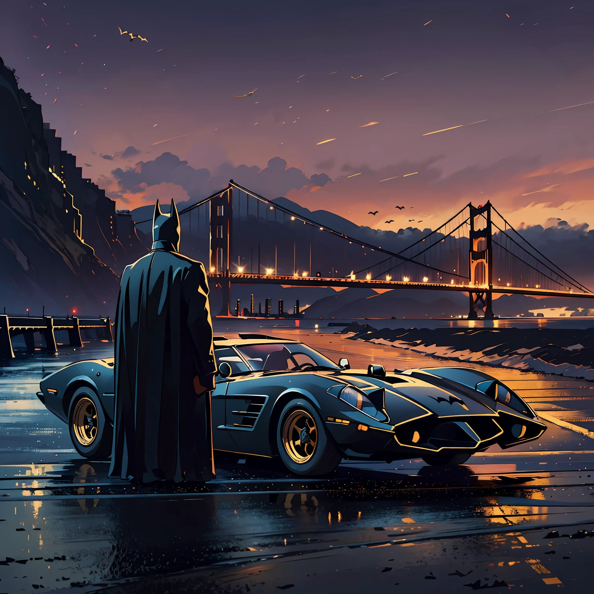 Marlister realist，
 Batman is standing next to his Batmobile, The Golden Gate Bridge can be seen in the distance，a picture inspired by roger deakins, unsplash, conceptual art, in roger deakins style, cinematography roger deakins, Dimly lit scene, clemens ascher, dramatic artwork, scale model photography, ron cobb, Dramatic lighting. concept-art, illustration!, Roger Deakins photography, minimalist cinematic lighting