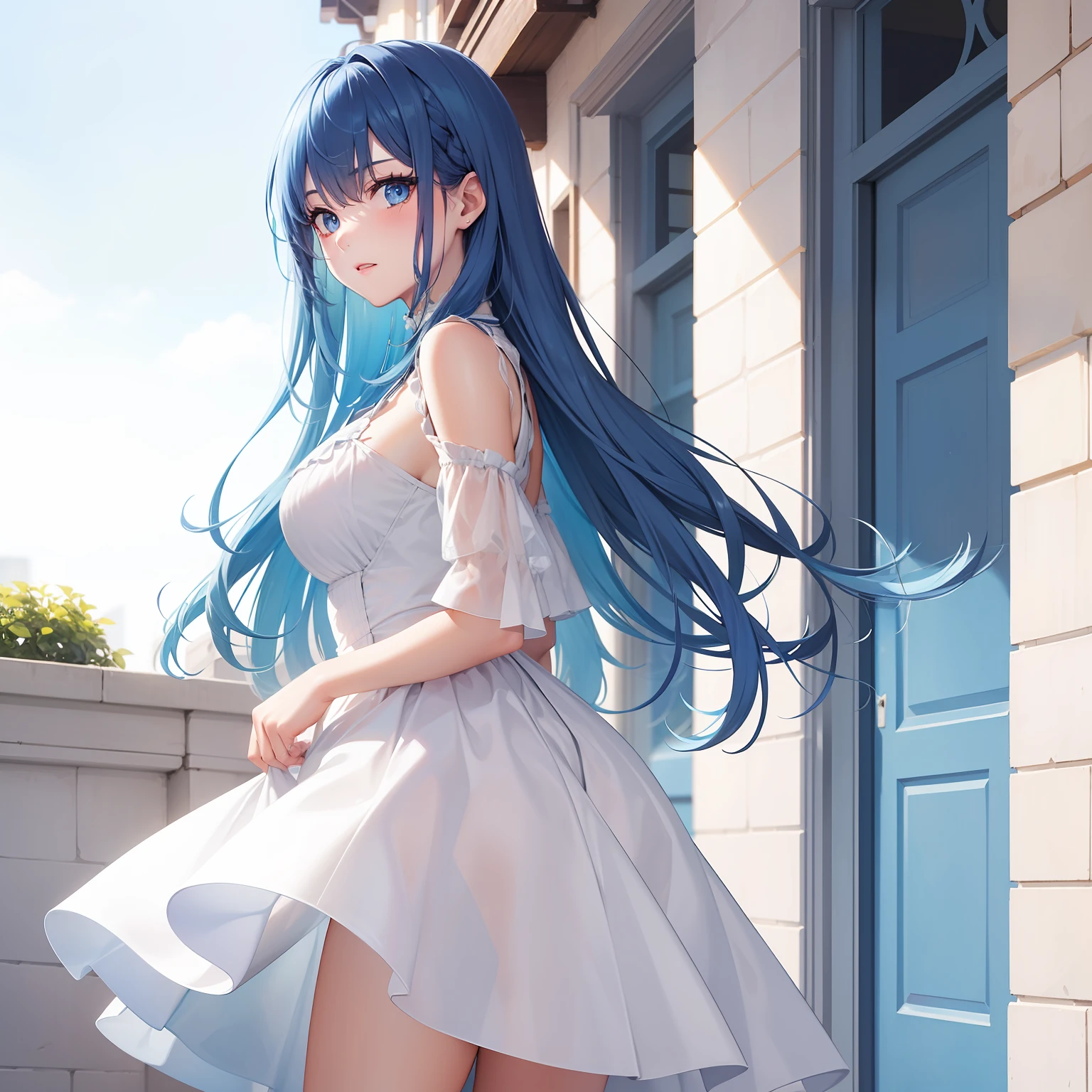 a women, blue hair, blue eyes, white dress