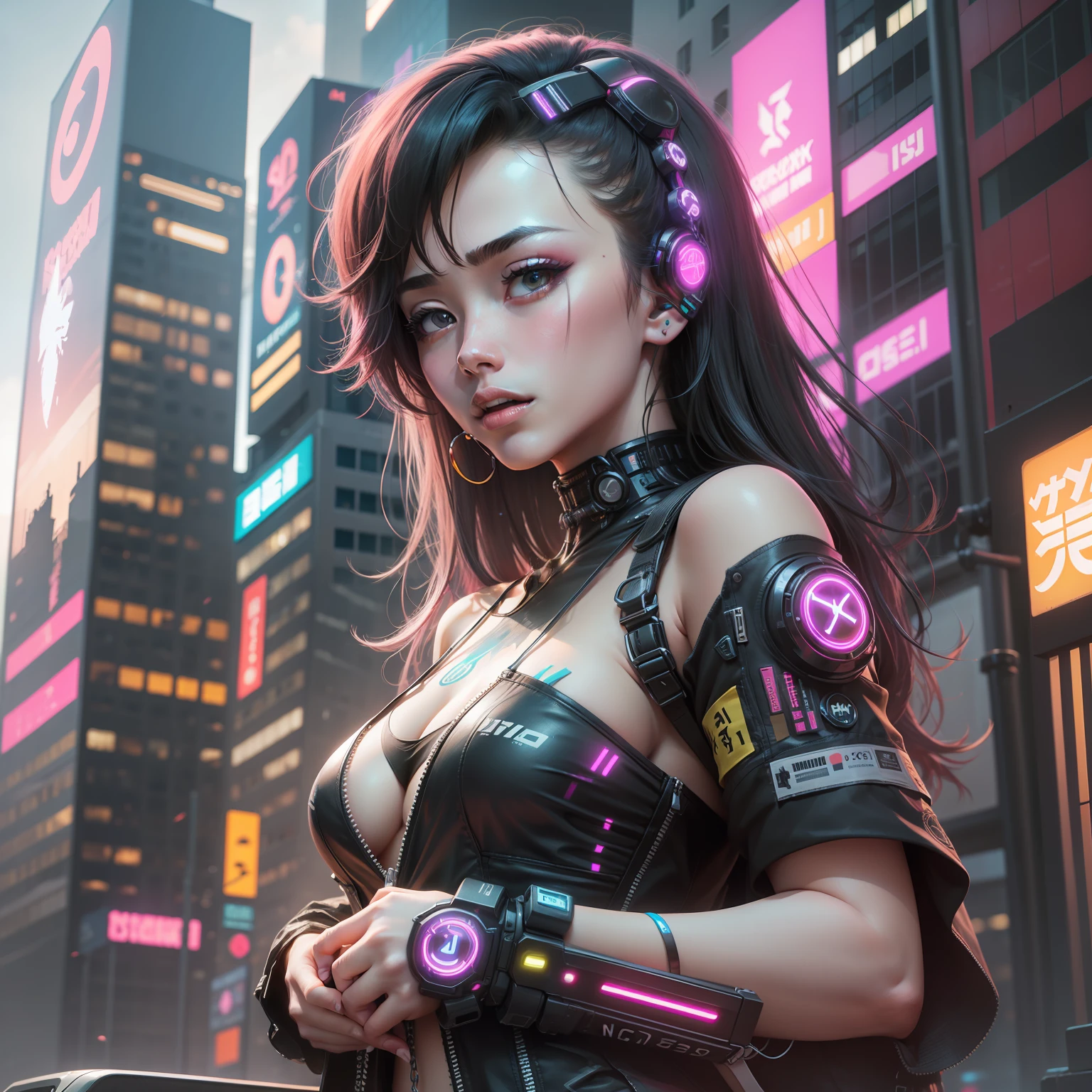 Cyberpunk AI Neon Fashion、nigh sky skyscraper