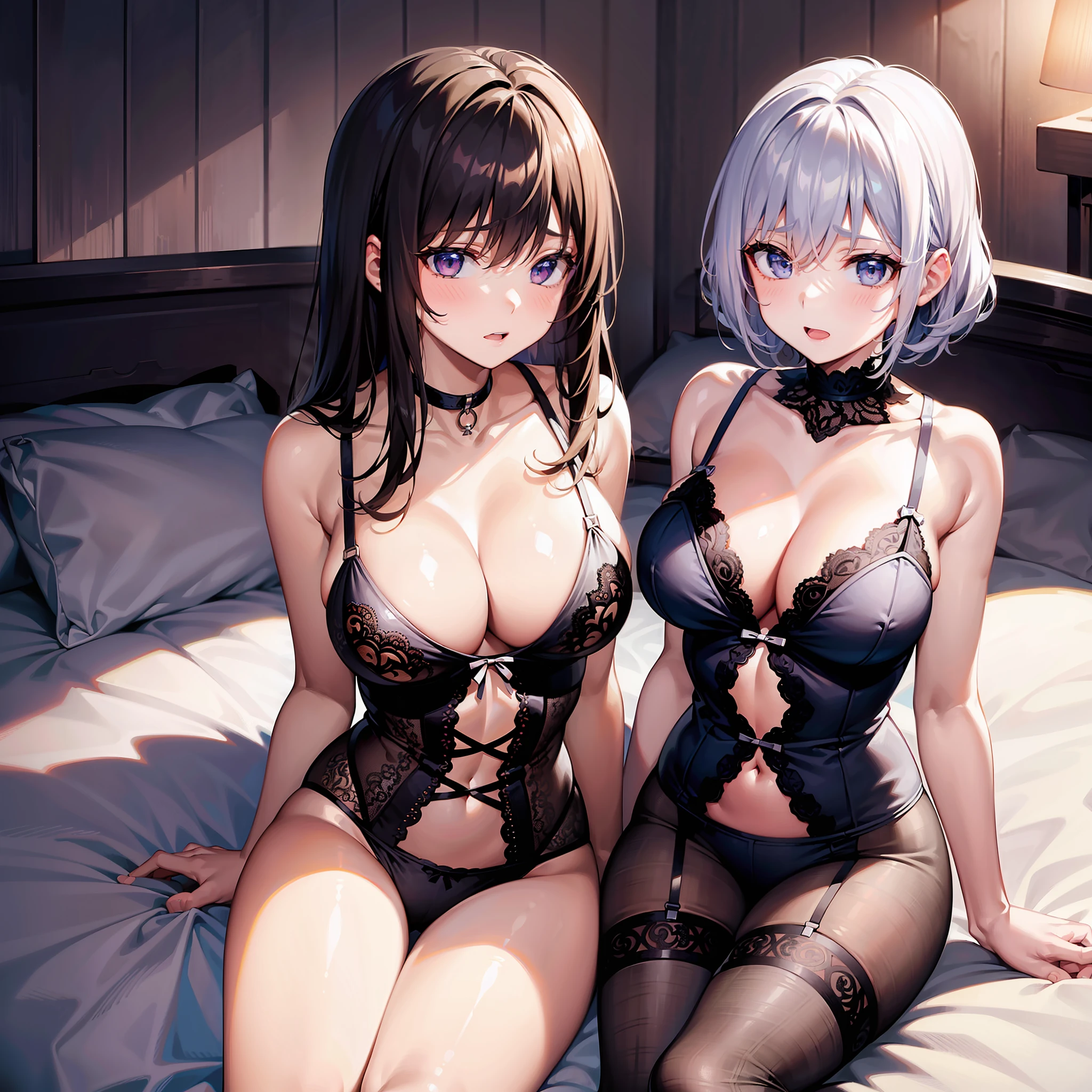 2girls,Childlike big breasts,(nedium breasts:heads=3:1)Lace lingerie big breasts,Lie down in bed,bit girl,Lori huge breasts cleavage,A coquettish expression,Extremely large breasts,Small ,black lence stockings,pyjamas