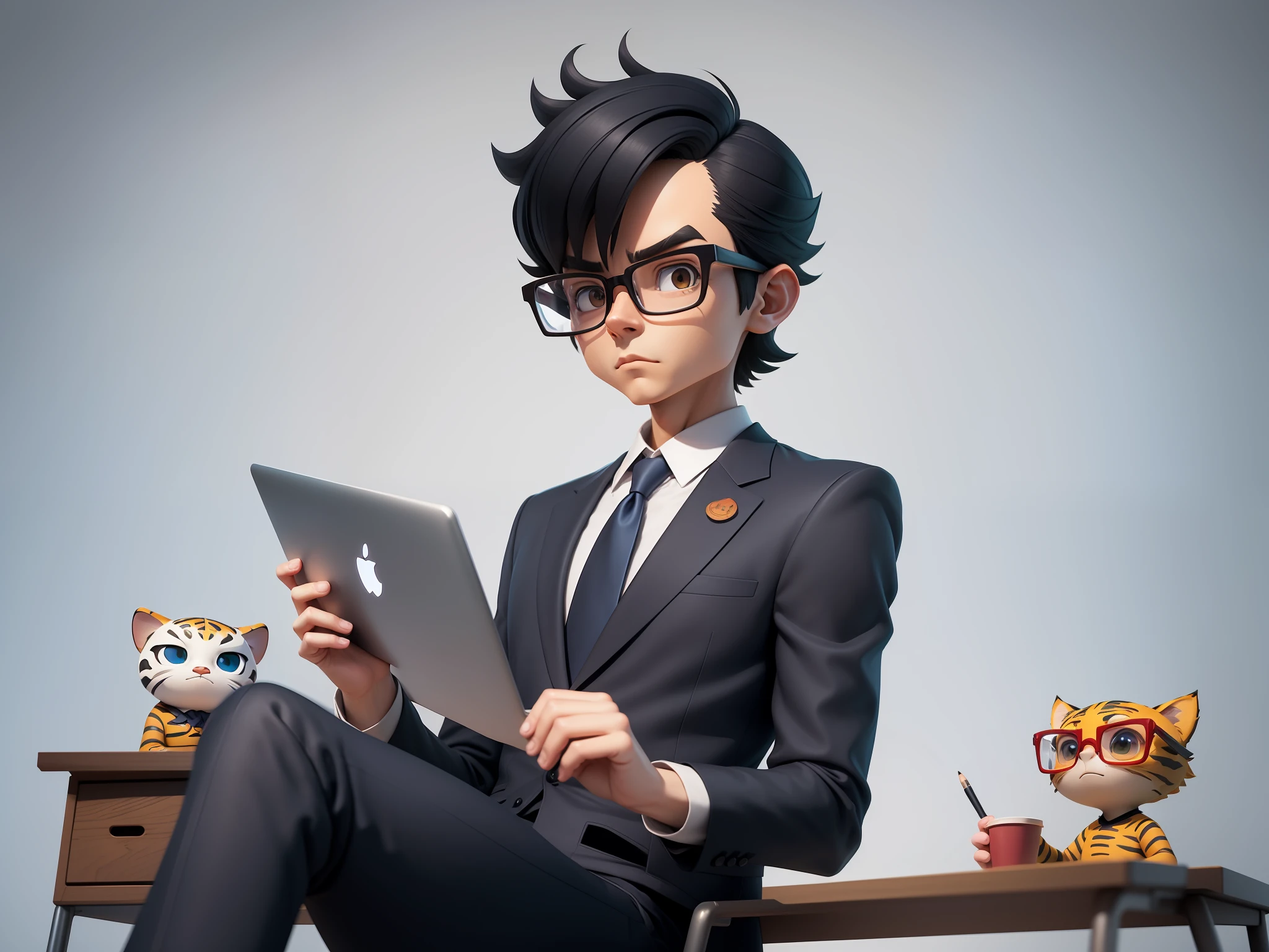 A young man in a suit and pants, Short hair and glasses sat at his desk，holding laptop，digitial painting，tigre，3D character design by Mark Clairen and Pixar and Hayao Miyazaki and Akira Toriyama，4K HD illustration，Very detailed facial features and cartoon-style visuals。