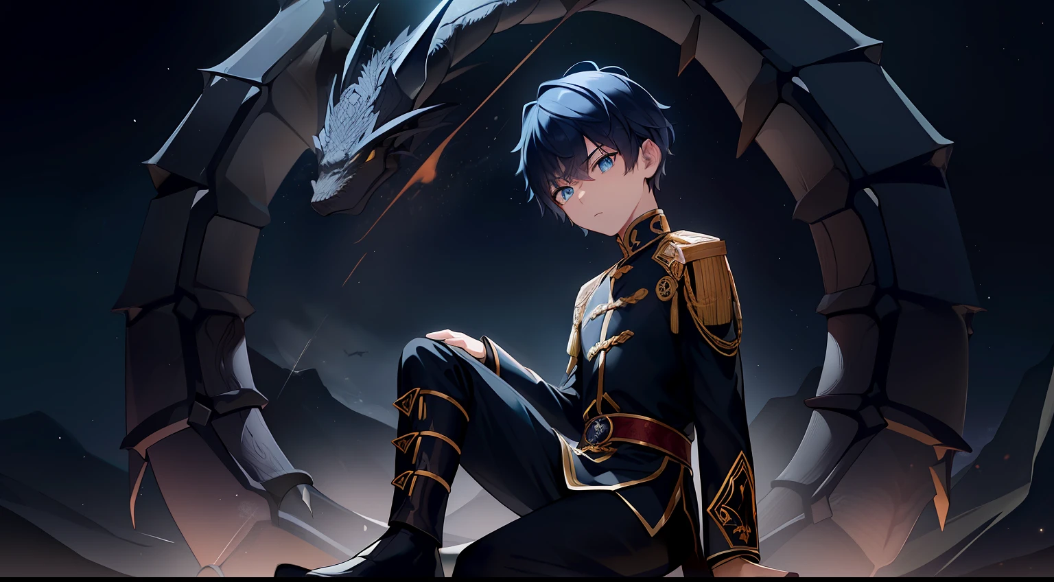 Um homem com cabelos castanhos curtos, blue eyes and a black kung fu uniform and a black dragon behind him, The boy is surrounded by a black aura and is sitting looking at the stars on the mountain; ((Dragon constellation)) ((noit estreladas | | |))