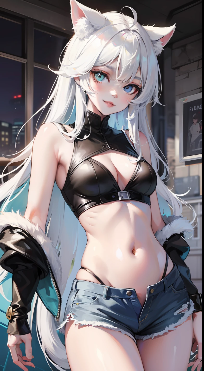 young girl, Long white hair, Cat's ears, Heterochromia, Yellow left and blue right eyes, tight turquoise top, Sleeveless, Shorts, open belly, White patterns on clothes, smirk, Daggers, Masterpiece, hiquality