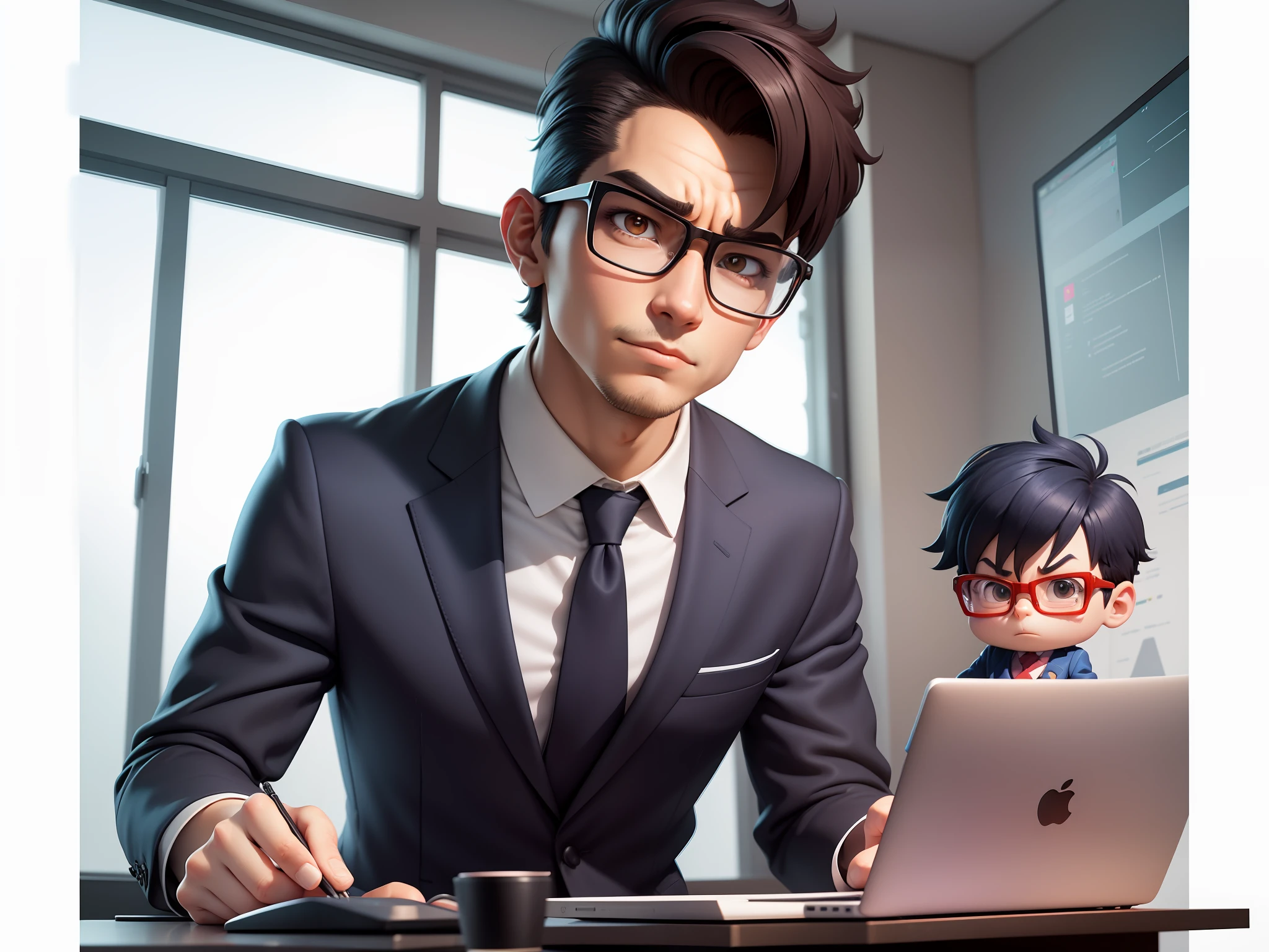 A young man in a suit and pants, Short hair and glasses sat at his desk，holding laptop，digitial painting，tigre，3D character design by Mark Clairen and Pixar and Hayao Miyazaki and Akira Toriyama，4K HD illustration，Very detailed facial features and cartoon-style visuals。