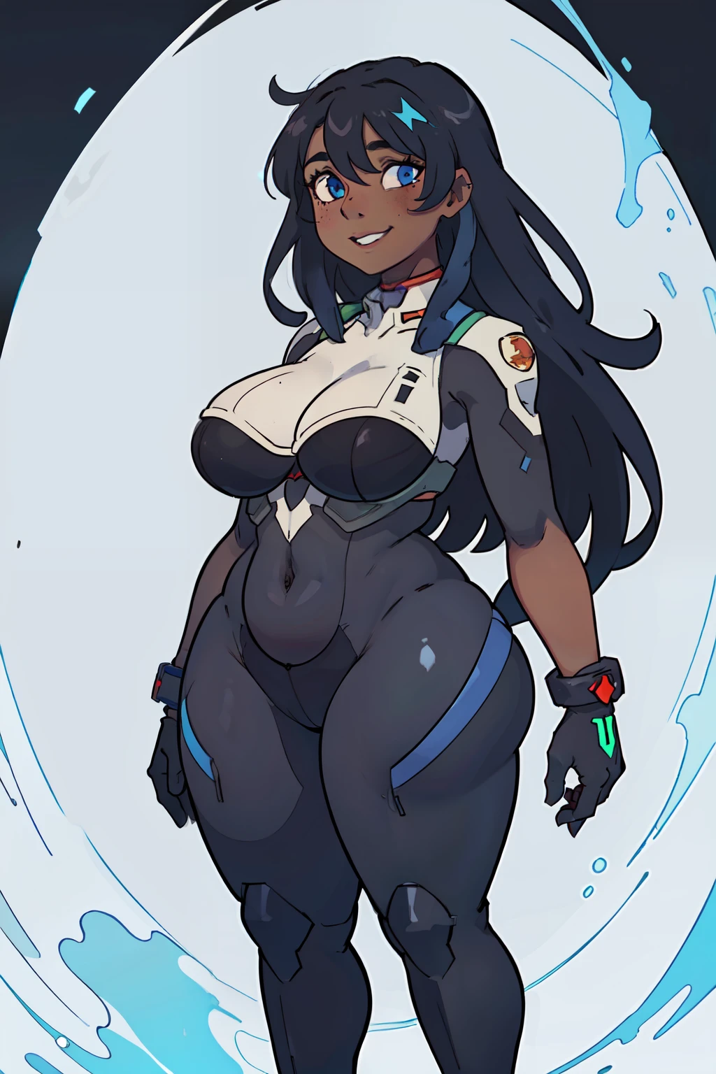1girl, (dark skinned:1.8), goblin girl, blue_hair, very long hair, wide body, (small stature:1.5), (huge breast:1.6), hair between eyes, wide hips, blue eyes, mole, mole on chest, age up, lips, big lips, big noise, thick eyebrows, (chubby:1.6), smile, freckles, black plug suit, cyberpunk city, wearing Evangelion black plug suit, open legs, full body suit
