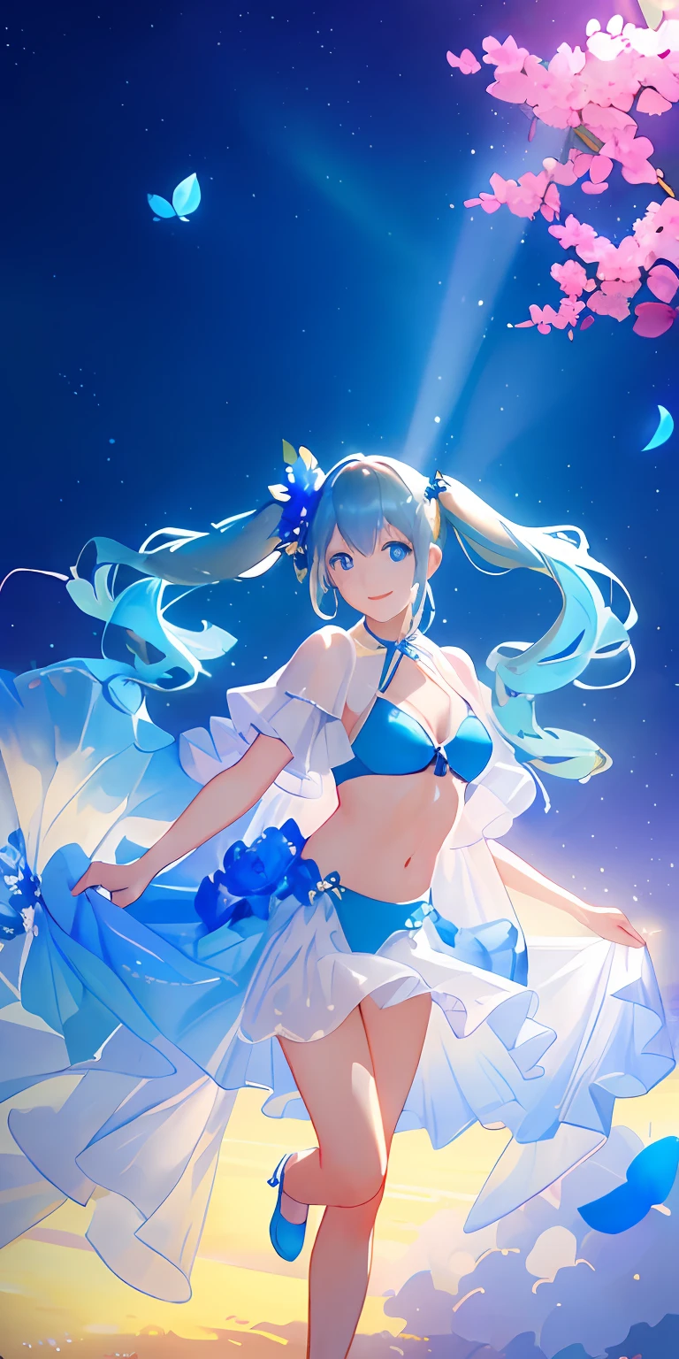 (​masterpiece)、((top-quality))、(ultra-detailliert)、((extremely delicate and beautiful))、(((incredibly absurdness)))、((perfect bodies)))、1girl in、独奏、Light blue hair、blue eyess、{{{maternal}}}、Medium chest、long hair with twin tails、A smile、Blue Bikini、mare+Background with、Sun flower、dynamic ungle、female focus on、{Particles of light}、Meticulous background、((paul hedley)))、Soft lighting、starrysky、full body Esbian、