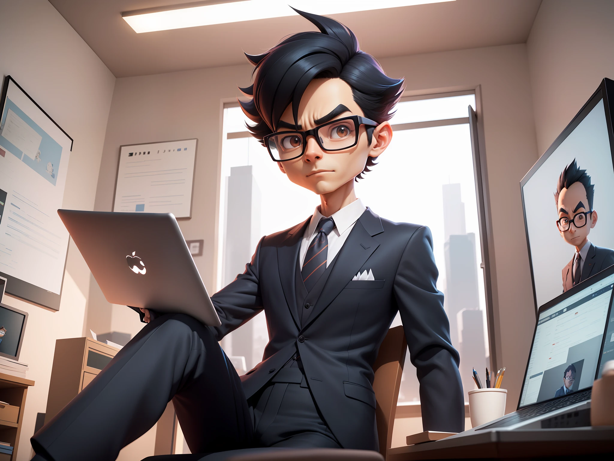 A young man in a suit and pants, Short hair and glasses sat at his desk,holding laptop,digitial painting,tigre,3D character design by Mark Clairen and Pixar and Hayao Miyazaki and Akira Toriyama,4K HD illustration,Very detailed facial features and cartoon-style visuals。