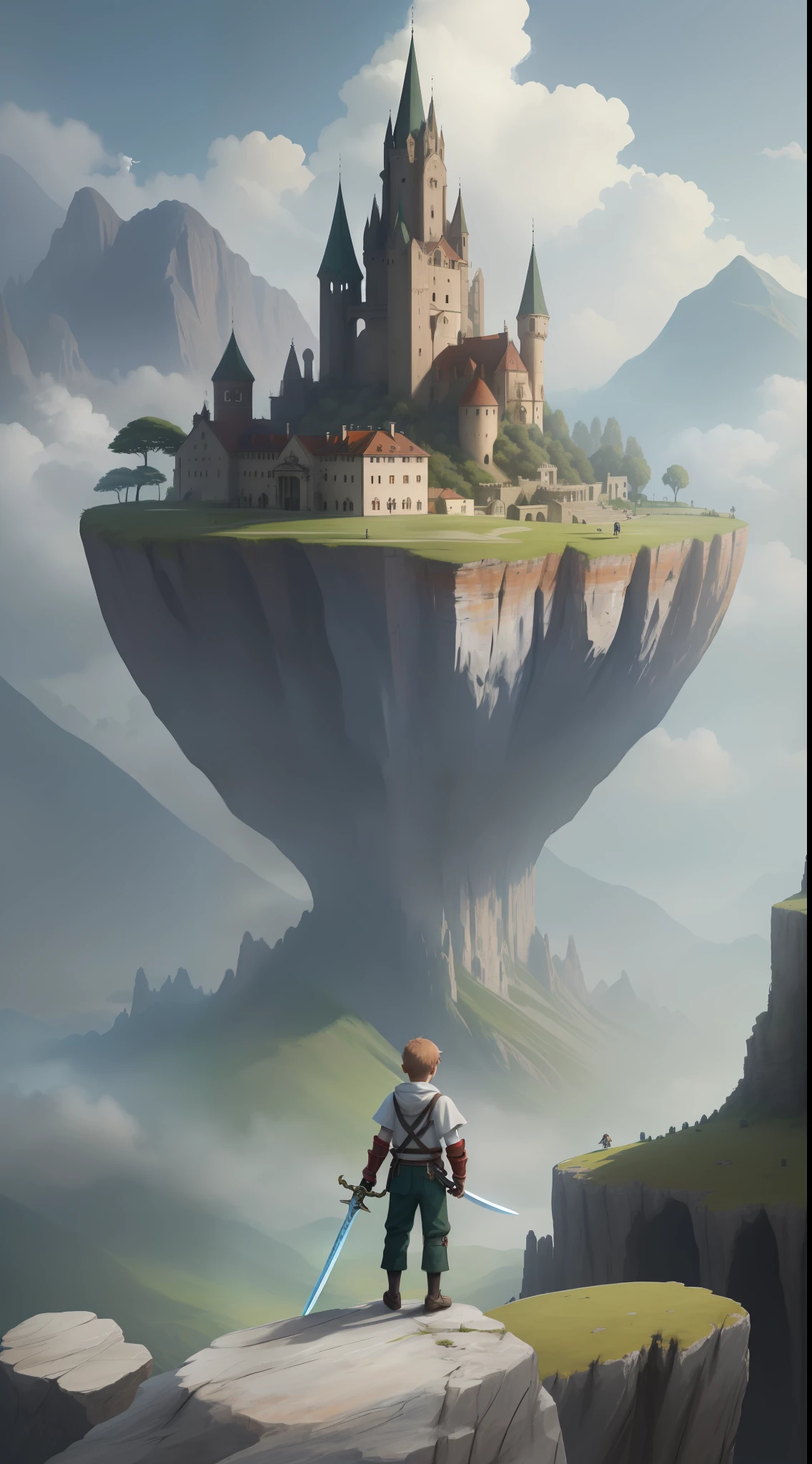 environmentart，scenecy， exteriors， Rochas， The bird， Skysky， Clouds， mont， daysies， concept-art，The boy stood at the foot of the mountain with a red sword in his hand，preparing to fight，The characters are small，The environment is big