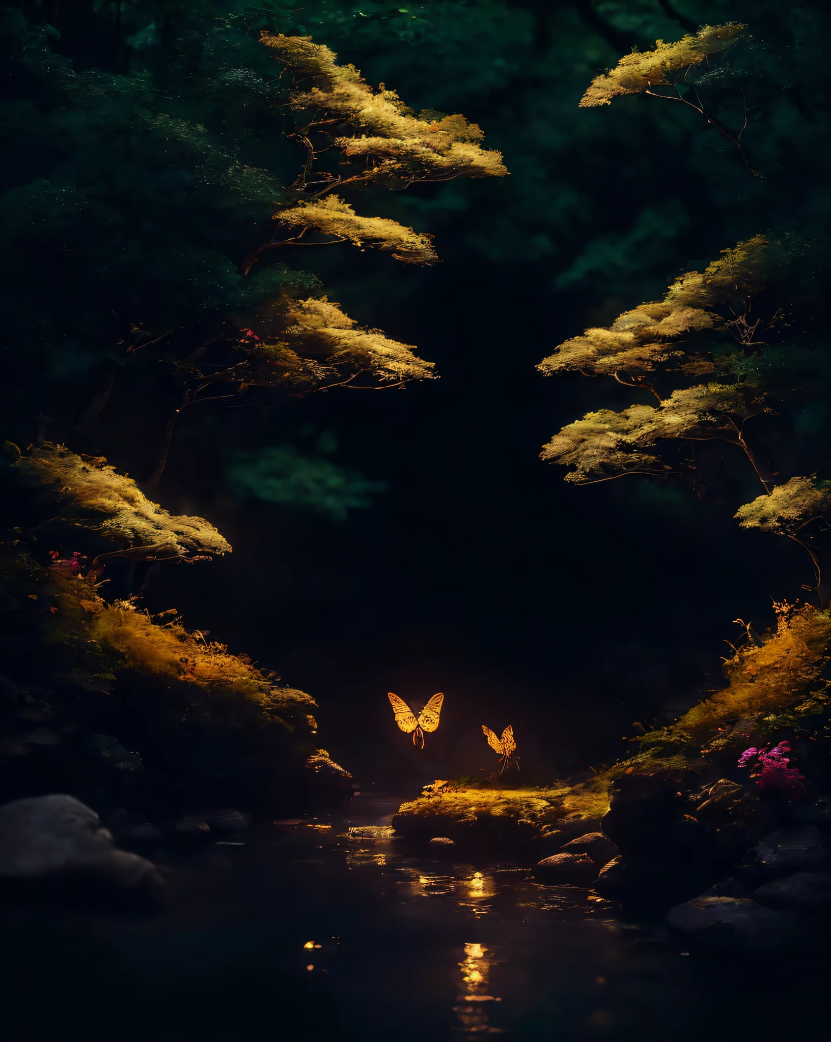 masterpiece、top-quality、(extremely detailed CG unified 8k wallpaper)、(top-quality)、(The best illustrations)、(Best Shadows)、Glowing deer、glowing butterflies、Shining river、mystical forest、beautiful forest、naturey、Delicate leaves surrounded by flowers and branches surrounded by fireflies(nature elements)、(Jungle theme)、(fronds)、(branch)、(fireflys)、(Particle effect)and other 3D、Octane Rendering、Ray traching、ultra-detailliert、deers --v6