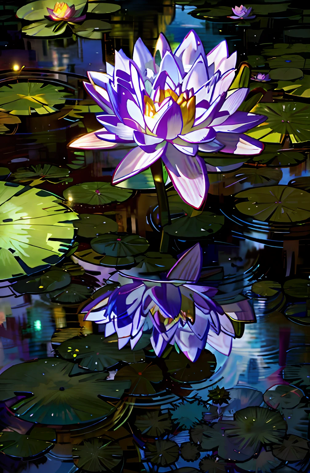Purple water lilies with green leaves in a pond,lotuses, reflecting flower, beautiful reflexions, Reflection, water lilies, mind-blowing detail, Rainbow reflections, lotuses, Movie lighting,exquisitedetails