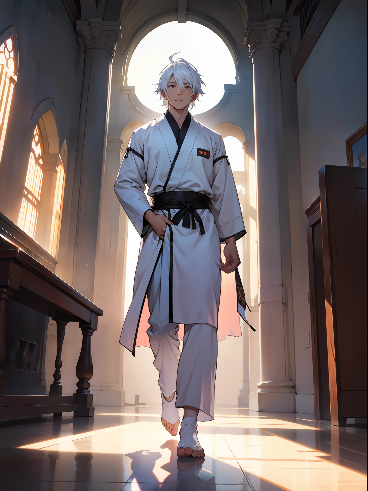 of a guy，Douluo，White hair，standing on your feet，suns，