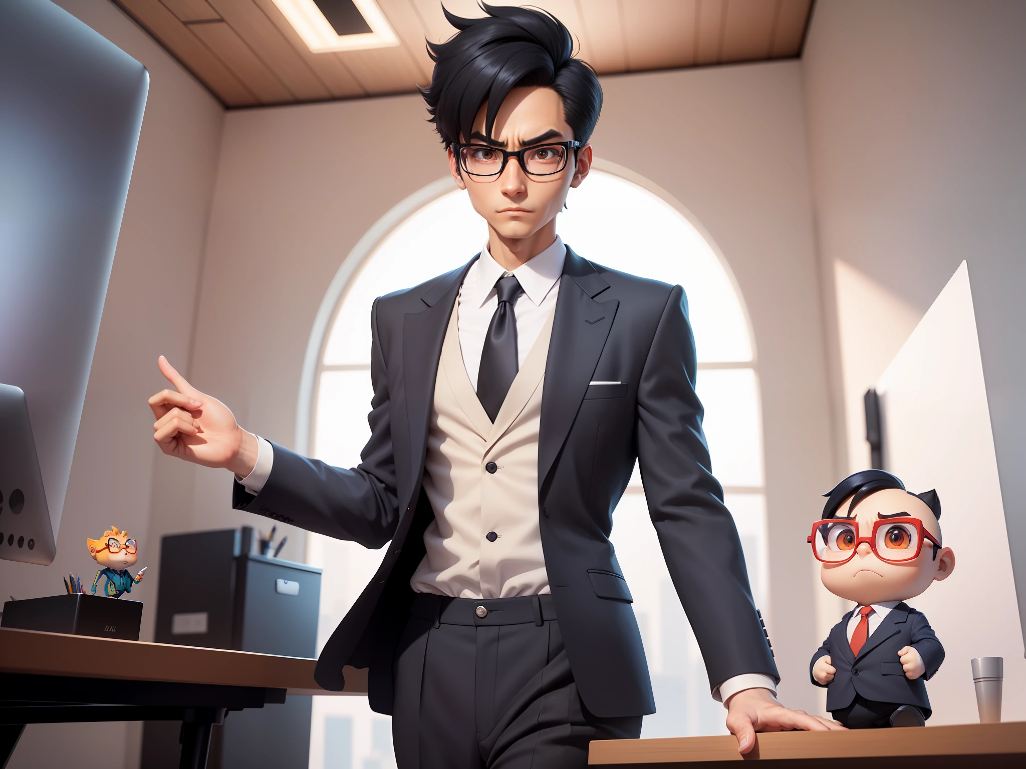 A young man in a suit and pants, Short hair and glasses sat at his desk，holding laptop，digitial painting，tigre，3D character design by Mark Clairen and Pixar and Hayao Miyazaki and Akira Toriyama，4K HD illustration，Very detailed facial features and cartoon-style visuals。