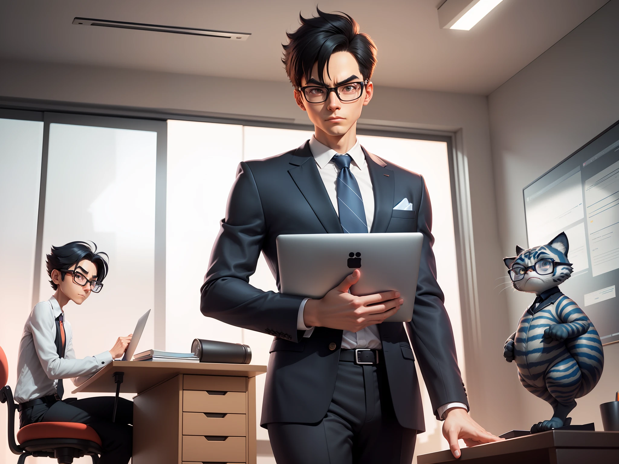 A young man in a suit and pants, Short hair and glasses sat at his desk，holding laptop，digitial painting，tigre，3D character design by Mark Clairen and Pixar and Hayao Miyazaki and Akira Toriyama，4K HD illustration，Very detailed facial features and cartoon-style visuals。