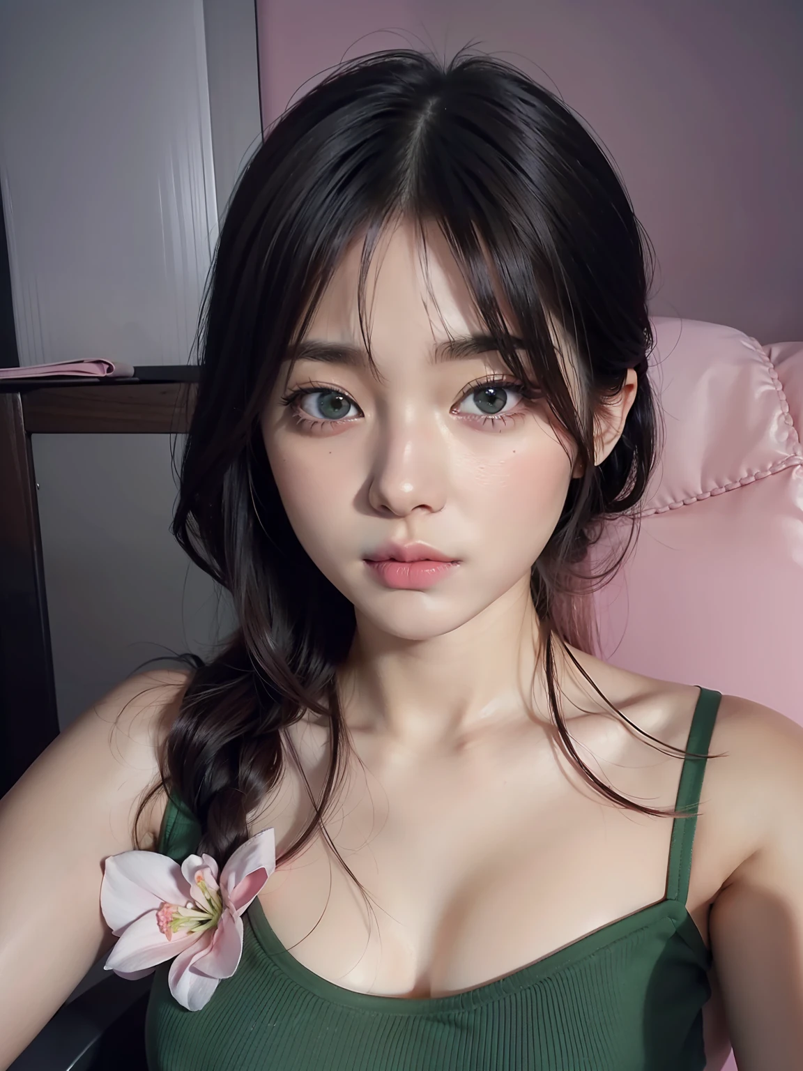 1girl, pink chair gaming, green tank top, detail face, detail body, 8k resolution, beutiful, pink lips