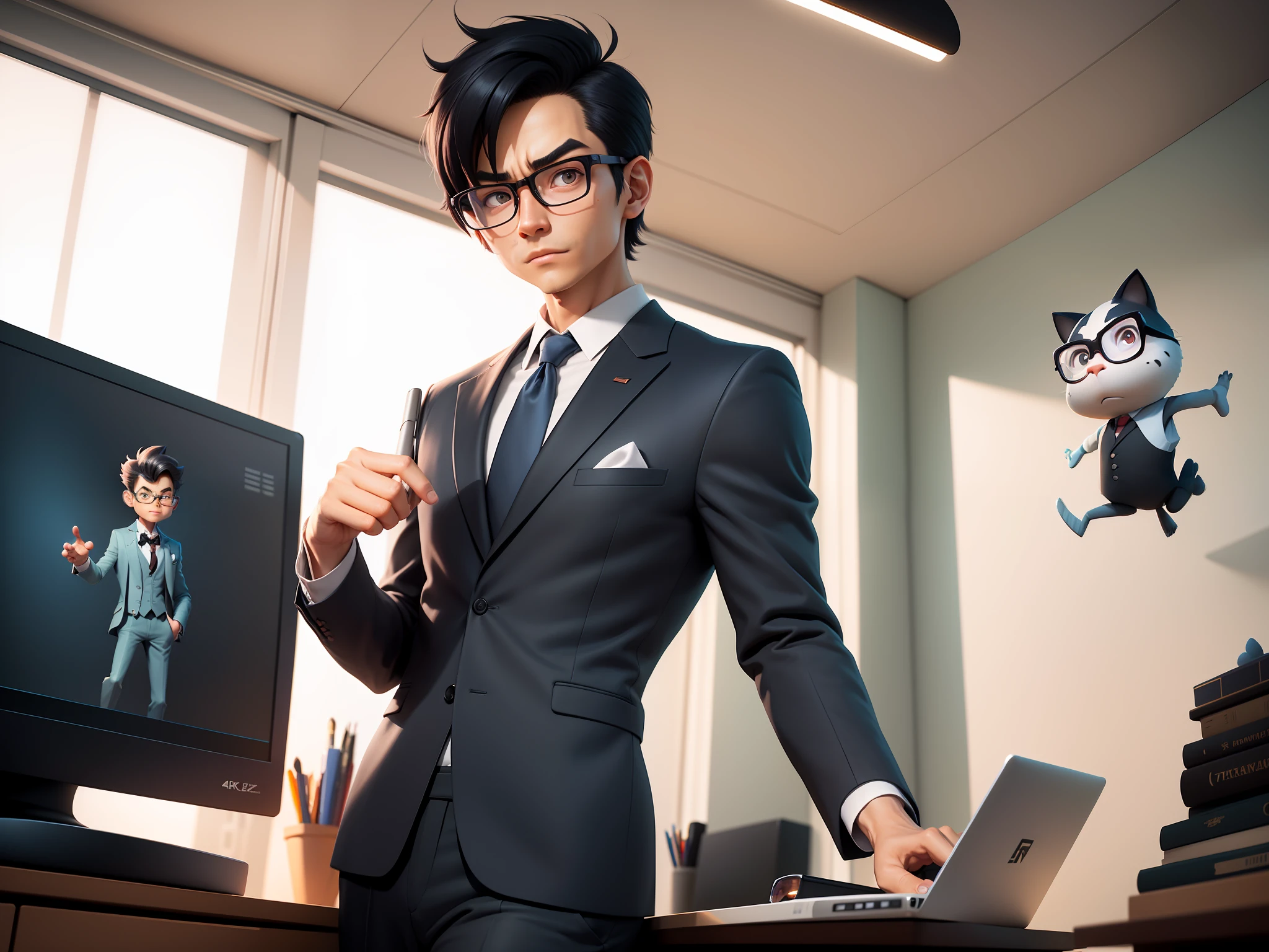 A young man in a suit and pants, Short hair and glasses sat at his desk,holding laptop,digitial painting,tigre,3D character design by Mark Clairen and Pixar and Hayao Miyazaki and Akira Toriyama,4K HD illustration,Very detailed facial features and cartoon-style visuals。