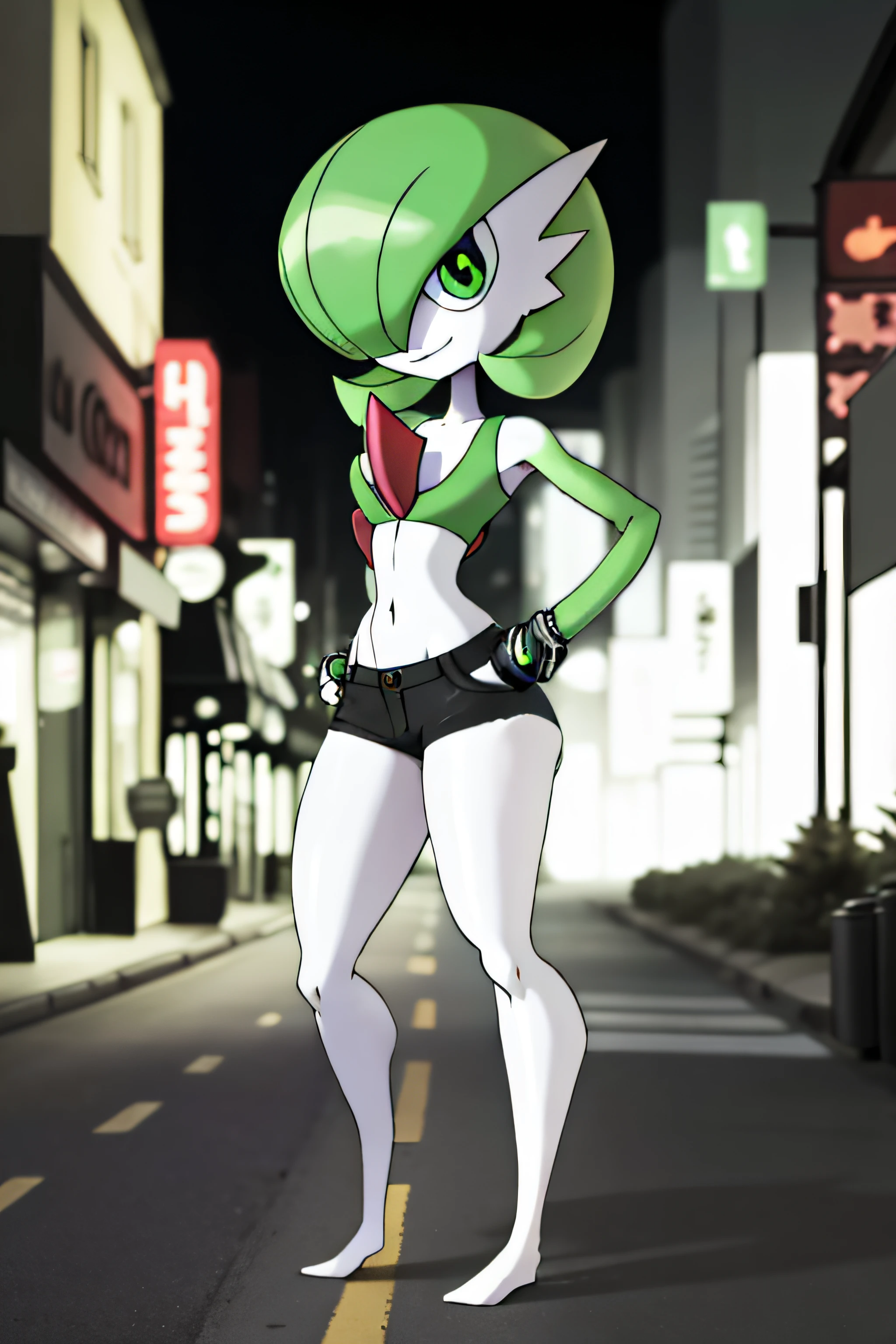 masterpiece, best quality, 1boy, bentennyson, gardevoir, female, wide hips, big butt, green eyes, shorts, tube top, smile, city background