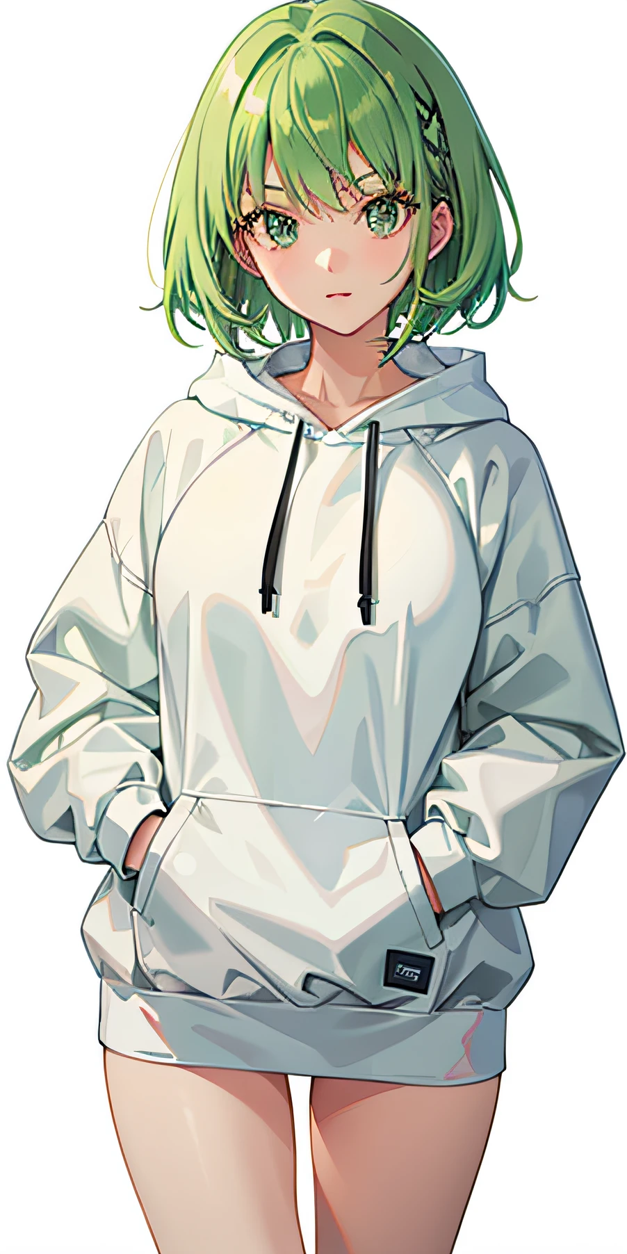 1girl, Green hair, anime big breast,White hood,White sweatshirt,short detailed hair