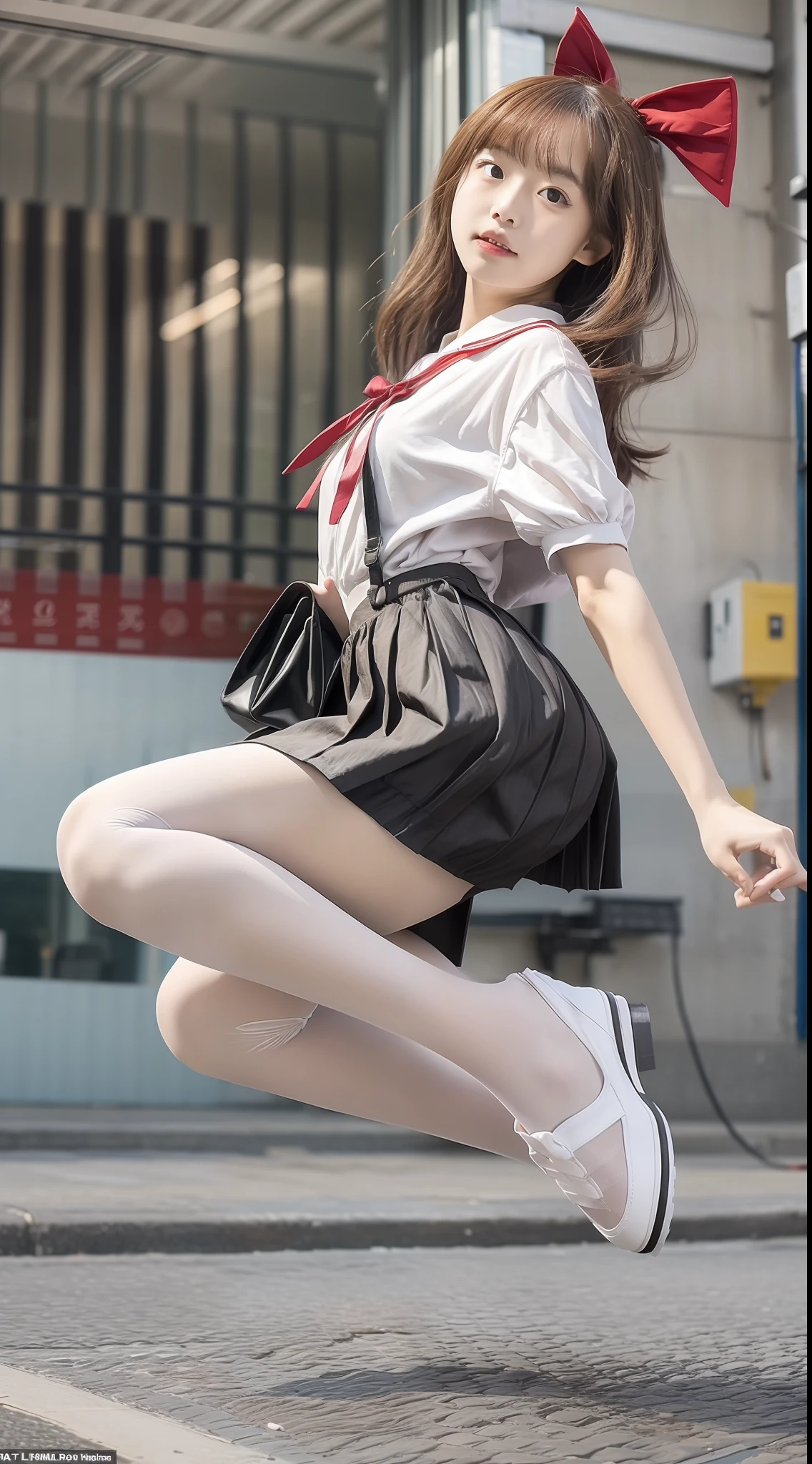 (Full body shot ：2), （Full Focus：1.3）, girlfriend, Colorful short-sleeved student uniforms, High-heeled leather shoes, long leges, The characters wear sailor suits and pleated skirts, Jump high, Must show your face, Must have stockings, Stocking tights, hyper HD, Ray traching, structurally correct, anatomy correct, Award-Awarded, High detail, Chiaroscuro, Cinematic lighting, Masterpiece, Super detail, High quality, High details, Best quality, 16k