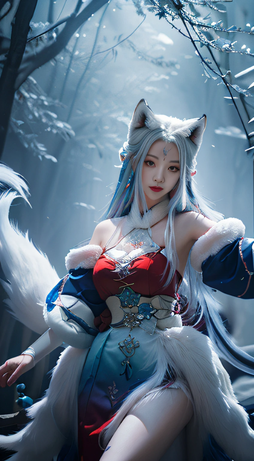 send,tmasterpiece,beautifuldetails,Extremely colorful,Exquisite details,Delicate lips,The details are complex,Realiy,Ultra photo realsisim,A girl and a white-haired fox sit on a branch:1.1,Large breasts,Raised sexy,seductiv,ethereal fox,nine tail fox,Fox three-tailed fox,Onmyoji detailed art,Nine tails,A beautiful artwork illustration,mythological creatures,red fox,Beautiful digital artwork,Exquisite digital illustration,mizutsune , Inspired by the mythical creature wildnet,Digital art on Pixiv,strong lights,hight contrast,Horror movie theme,Dark atmosphere,Red clothes and black hair,Chinese mythology,Daji