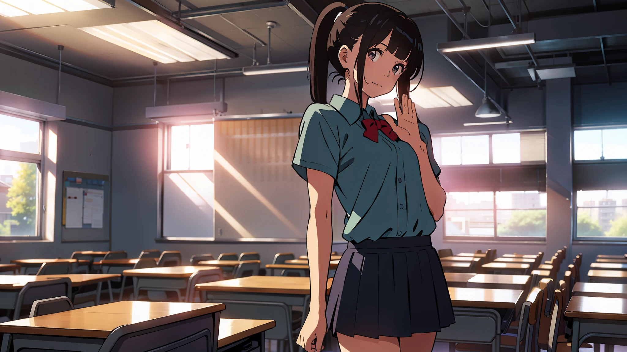 In a high school classroom，A  girl with a ponytail，Wear a shirt，waving hands