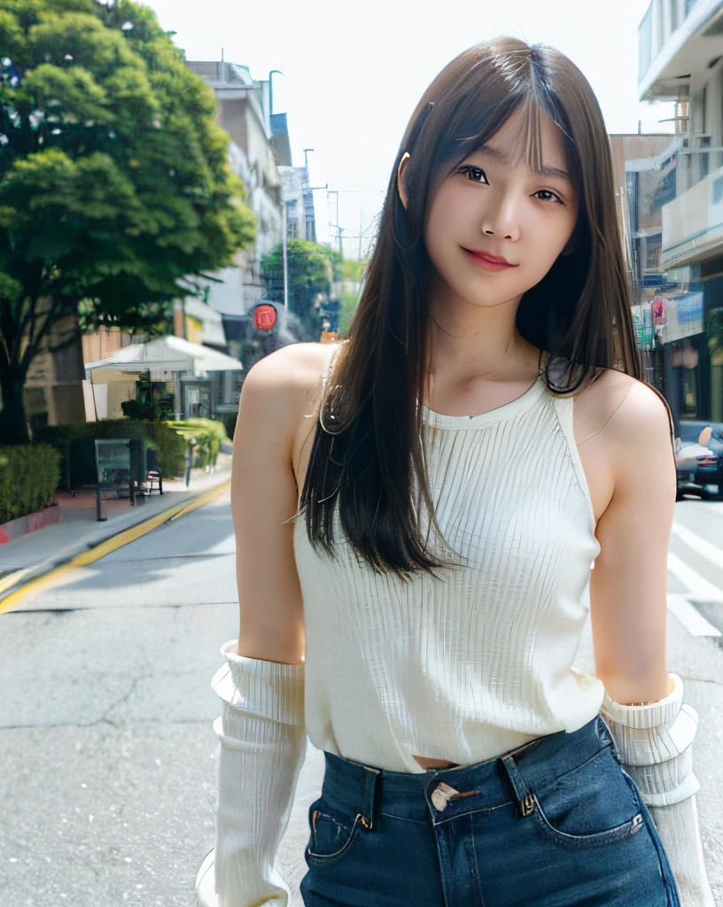 Woman Standing On Street Corner、top-quality、女の子 1 a person、middlebreasts、tag、blur backgroun、Slender Line、bokeh dof、outside of house、(Street:0.8)、(a person々、Large crowds:1)、Sleeveless knitwear、underboob、denim short pants、lowrise、natural make up、(Super long hair:1.6、straight haired:1.6)、Beautiful sky with details、耳Nipple Ring、(dynamicposes:1.2)、 (full body Esbian:1.2)、Soft lighting、the wind、glowy skin、Happy face、Sauce order、A gaze that looks at the viewer、A dark-haired、Glossy hair、sandal、Laughing、