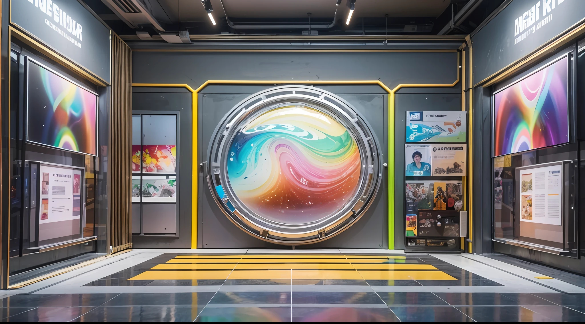 Indoor rectangular space,,Narrow and deep space， A 3-meter-tall,Colorful and bright,Pigment Museum,Immersive feeling, A large number of paint tubes on the walls on both sides form a huge neat artistic array，Inside are some LED screens，Showcasing the history of Marley brand pigments,Many colored arrays on the wall,Colorful colorful,Rainbow,, 8K high accuracy,concept design，Cinematic level，Interior showroom design，High detail,high-tech feel, Futuristic style, LCD screen and digital interactive technology,Some LEDs and history display bars on the wall, The top surface is specular,A beautiful space that forms infinite reflections,concept design,8K, Bright and clean,