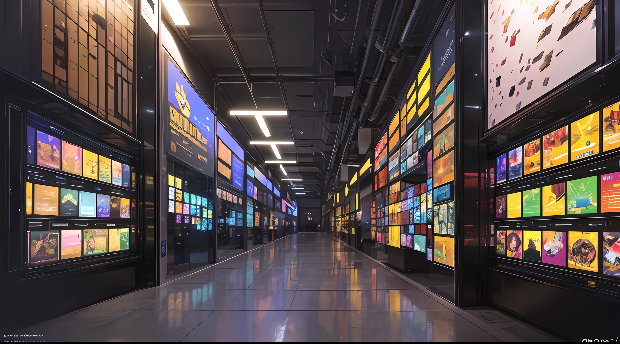 Indoor rectangular space,,Narrow and deep space, A 3-meter-tall,Colorful and bright,Pigment Museum,Immersive feeling, The large number of paint tubes on the walls on both sides forms a huge neat array of art,Inside are some LED screens,Showcasing the history of Marley brand pigments,There are many colored arrays on the walls,Colorful colorful,Rainbow,, 8K high precision,concept design,Cinematic level,Interior showroom design,High detail,high-tech feel, Futuristic style, LCD screen and digital interactive technology,Some LEDs and history display bars on the wall, The top surface is specular,A beautiful space that forms infinite reflections,concept design,8K, Bright and clean,