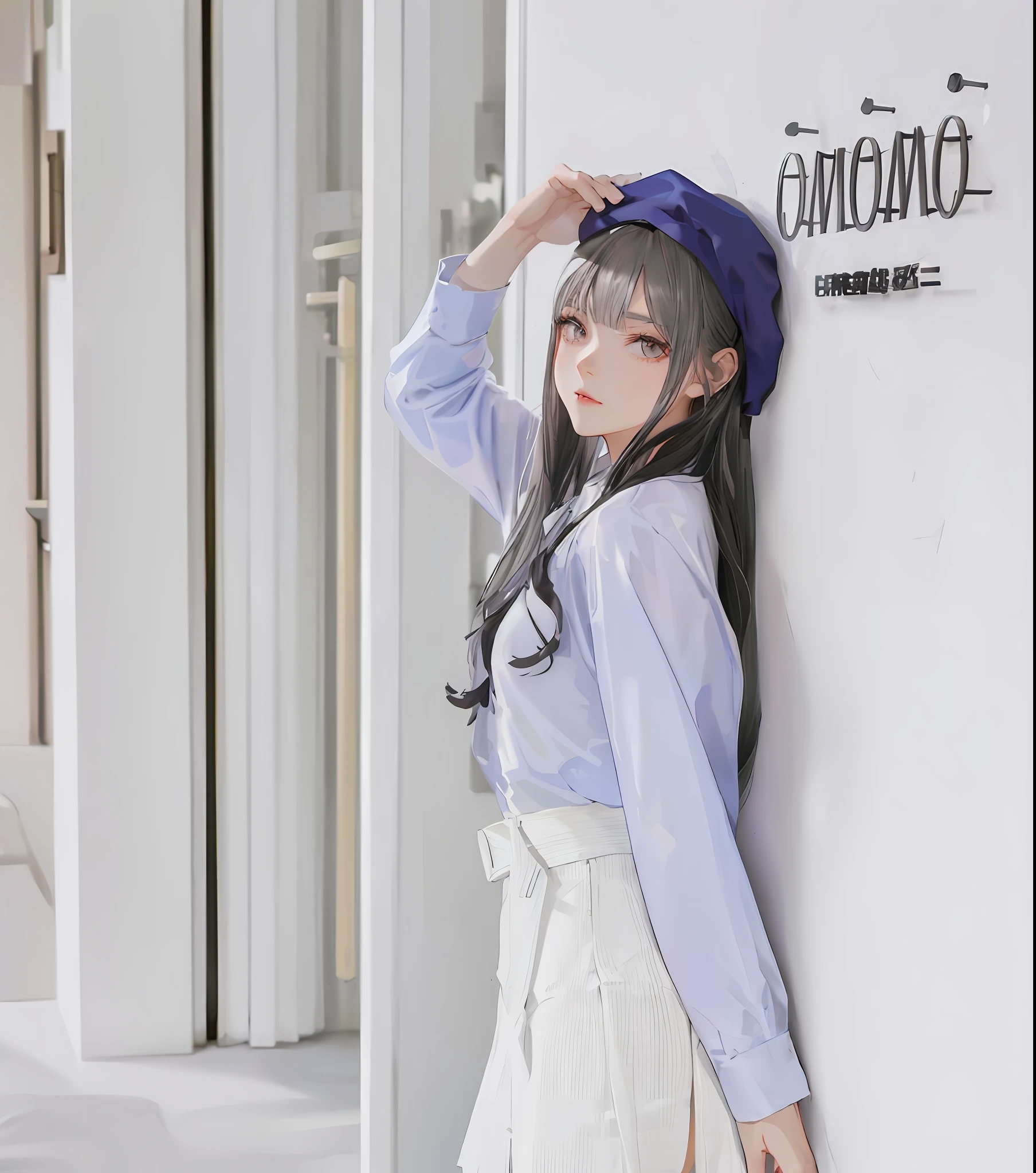 (((1 girl)),ray tracing,(dim lighting),[detailed background (bedroom)),((silver hair)),((silver hair)),(Fluffy silver hair, plump and slender girl))) with high ponytail))) Avoid golden eyes in the ominous bedroom ((((Girl wears a white shirt, black wrinkled skirt with black transparent pantyhose), showing a delicate slim figure and graceful curves, correct limbs, sitting on the bed with hands behind her head, Put both hands behind your head
