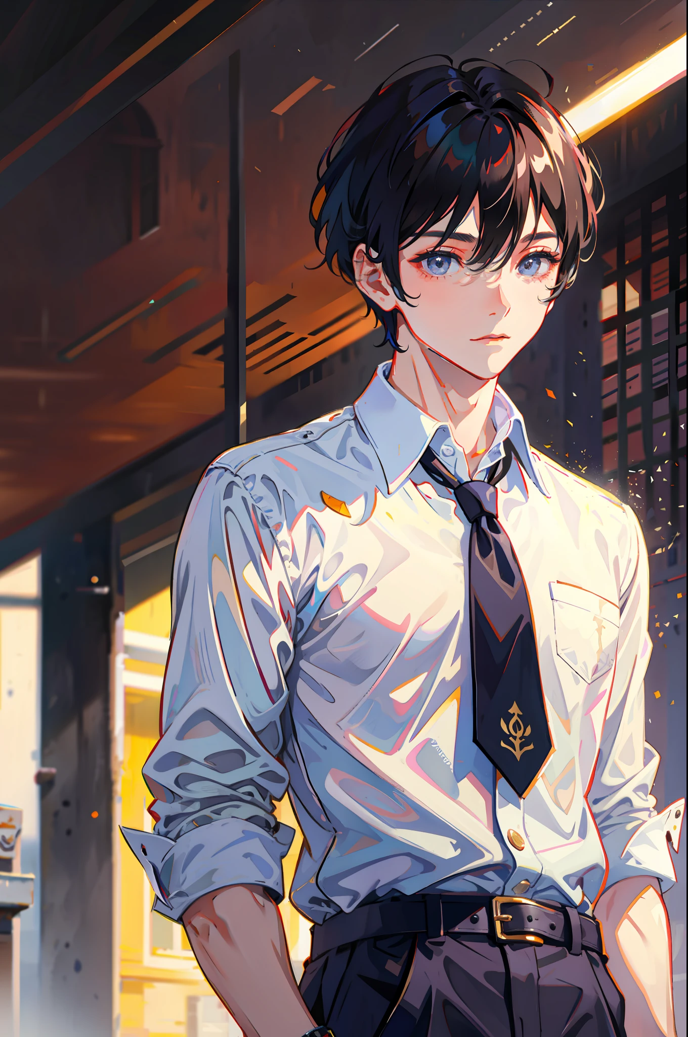 tmasterpiece, malefocus,1boys,1 male high school student,shoun,Young men,Looks to the side, Simple school uniform,white shirt,tiese,trouser,white backgrounid, A faint smile,school ground,Playground guardrails,Background of details,Diffused sunlight,depth of fields,Background bokeh,(tmasterpiece,best qualtiy)