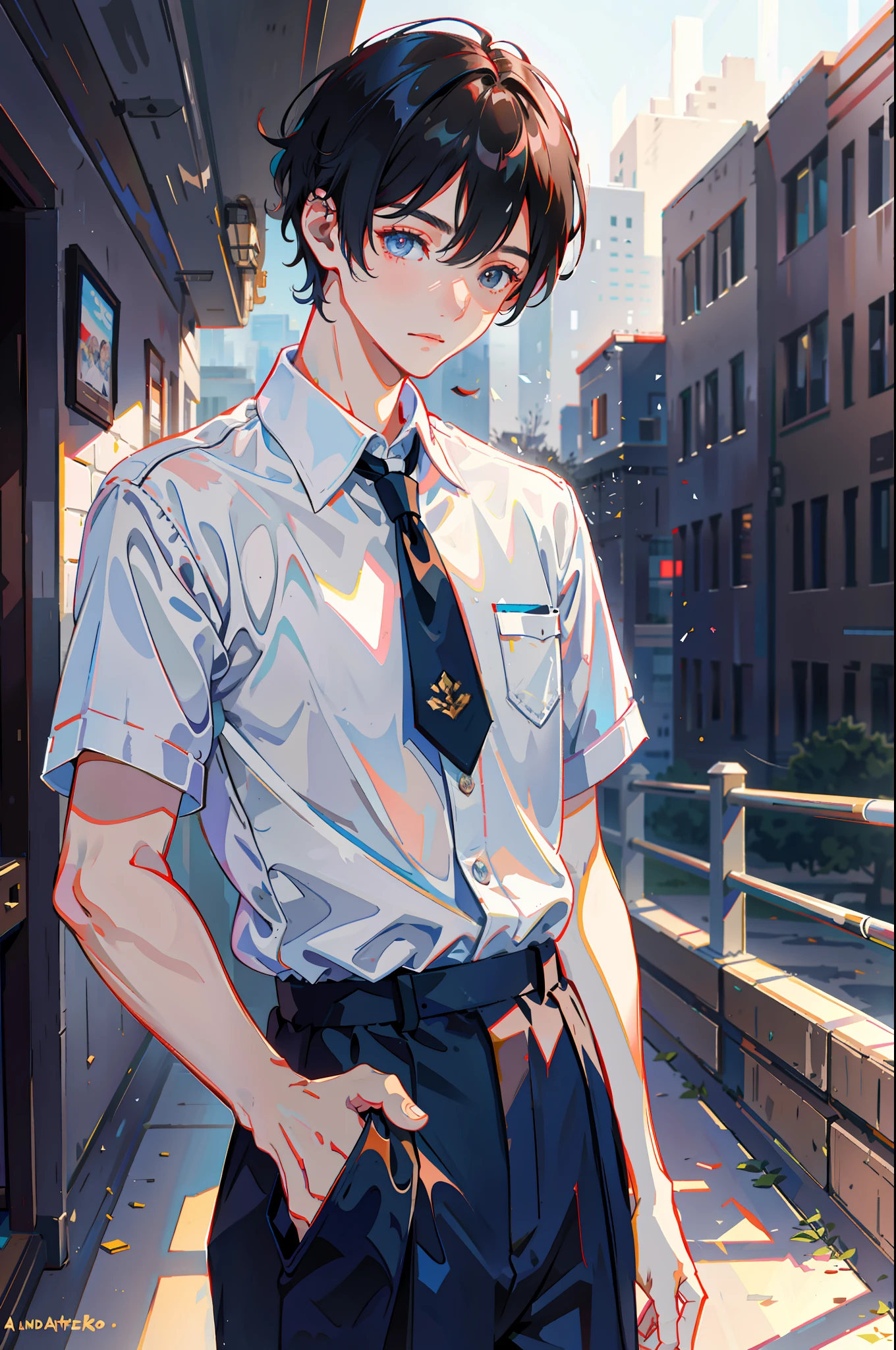 tmasterpiece, malefocus,1boys,1 male high school student,shoun,Young men,Looks to the side, Simple school uniform,white shirt,tiese,trouser,white backgrounid, A faint smile,school ground,Playground guardrails,Background of details,Diffused sunlight,depth of fields,Background bokeh,(tmasterpiece,best qualtiy)