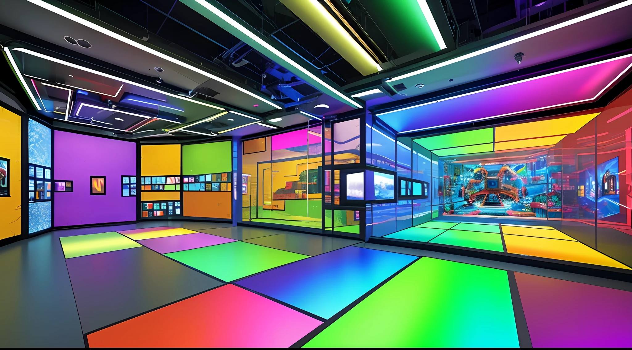 Indoor rectangular space,,Narrow and deep space， A 3-meter-tall,Colorful and bright,Pigment Museum,Immersive feeling, The large number of paint tubes on the walls on both sides forms a huge neat array of art，Inside are some LED screens，Showcasing the history of Marley brand pigments,There are many colored arrays on the walls,Colorful colorful,Rainbow,, 8K high precision,concept design，Cinematic level，Interior showroom design，High detail,high-tech feel, Futuristic style, LCD screen and digital interactive technology,Some LEDs and history display bars on the wall, The top surface is specular,A beautiful space that forms infinite reflections,concept design,8K, Bright and clean,