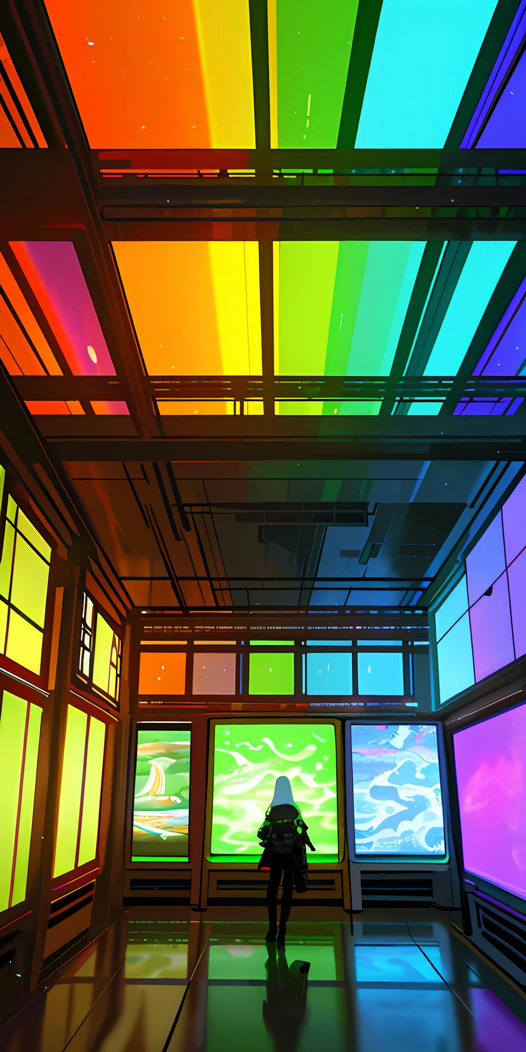 Indoor rectangular space,,Narrow and deep space, A 3-meter-tall,Colorful and bright,Pigment Museum,Immersive feeling, The large number of paint tubes on the walls on both sides forms a huge neat array of art,Inside are some LED screens,Showcasing the history of Marley brand pigments,There are many colored arrays on the walls,Colorful colorful,Rainbow,, 8K high precision,concept design,Cinematic level,Interior showroom design,High detail,high-tech feel, Futuristic style, LCD screen and digital interactive technology,Some LEDs and history display bars on the wall, The top surface is specular,A beautiful space that forms infinite reflections,concept design,8K, Bright and clean,(tmasterpiece,best qualtiy)