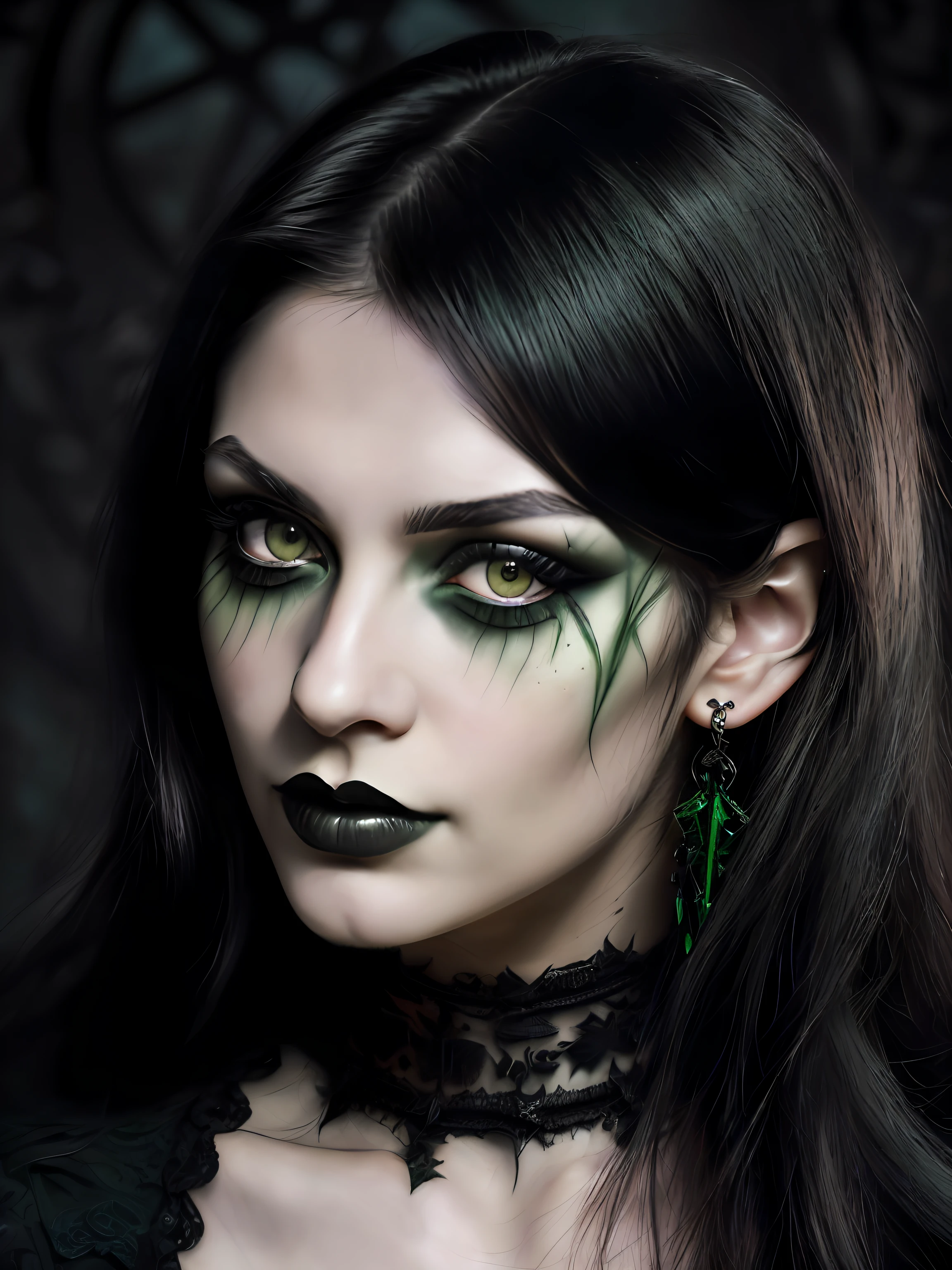 (close-up, photograph, 20 yo gothic woman) (green eyes, artistic makeup:1.2) (highly detailed face:1.4) (smirk:0.7) (black dyed hair) (background inside dark:1.3), by Steve McCurry, canon m50, editorial photograph, f1.8 lens ,black choker ,hyper realistic ,lifelike texture, dramatic lighting , awardwinning photo,