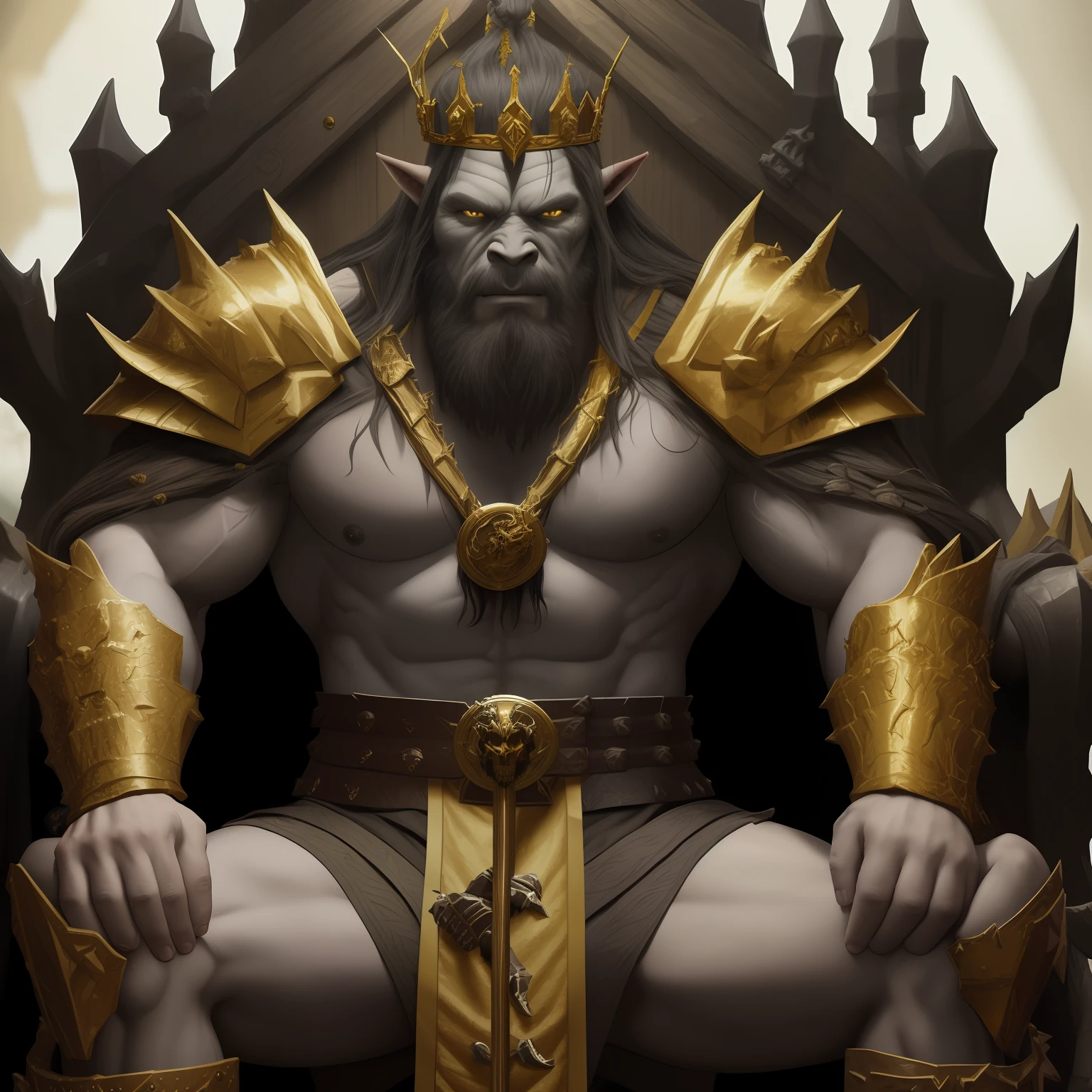 male orc, long hair, beard, muscular, wearing golden crown, wearing animal leather clothing, cloak, cape gold armor adorned with animal bones, the armor covers his body, sitting on a throne made of dragon bones camp, human skulls stacked around the throne 8k, ultra realistic and detailed