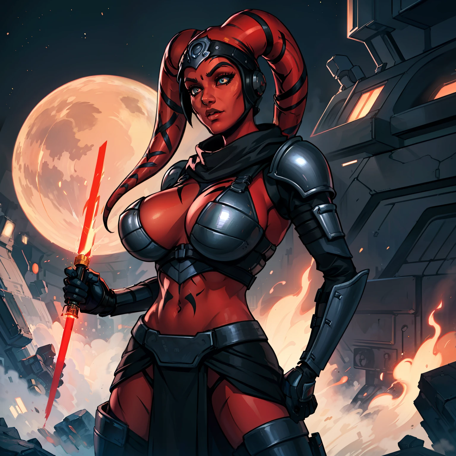 (masterpiece:1.2, best quality:1.2, beautiful, high quality, highres:1.1, aesthetic), detailed, extremely detailed, ambient soft lighting, 4K, perfect eyes, angular face, sharp features, large nose, perfect lighting, 1girl, action scene, lightsaber fighting, lasers, explosions, fire, motion lines, depth of field, masterpiece, best quality, high-definition, armor, busty, ((red skin), twi'lek), dual red lightsabers, evil space knight, space ninja, (wearing black robes, black stealth armor, breastplate, tunic, tabard, cowl, cloak, body glove, straps, buckles, skirts, long sleeves, fantasy, ((armor))), ((busty), slender body, thin, slim sexy body, slim waist, (huge breasts)), Imperial starship, Star Wars,