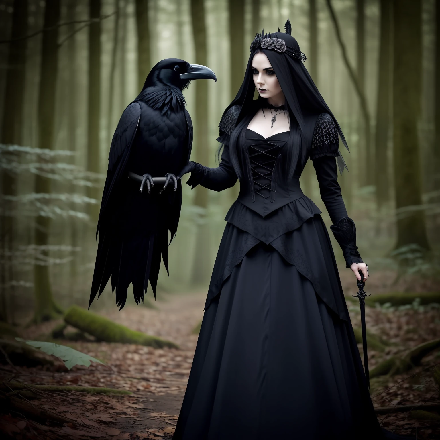 arafed image of a woman holding a bird in a forest, gothic clothing, dark and gothic, gothic fashion, gothic maiden of the dark, gothic style, gothic, gothic girl, gothic maiden, gothic horror vibes, gothic!!, gothic fantasy, raven winged female vampire, gothic aesthetic, dark witch, dark fairytale, dark fantasy style, gothic clothes, dark beauty