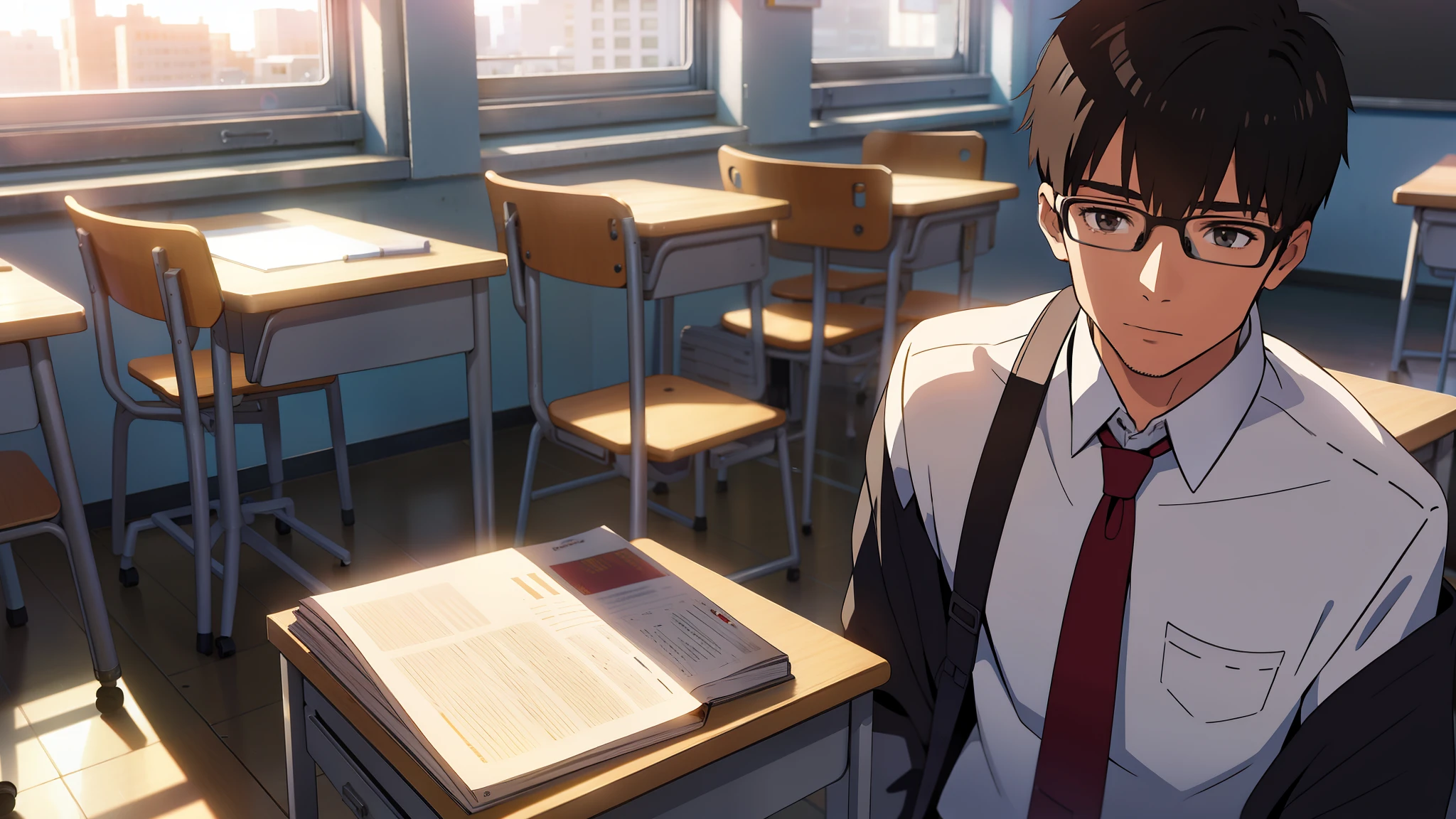 high school classroom,A boy with glasses
