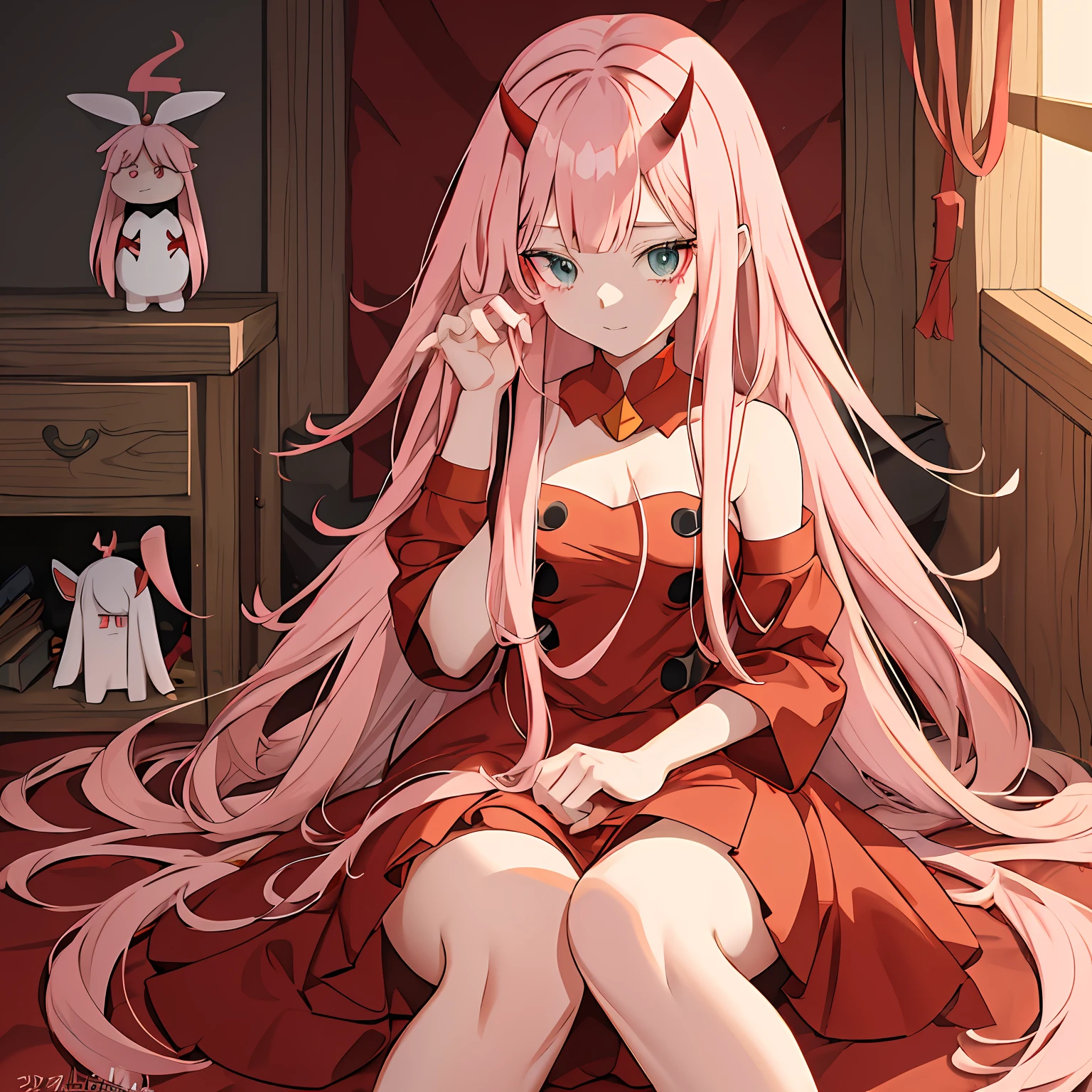 anime girl with long pink hair and horns in a red dress, zero two, female anime character, anime girl with long hair, anime character,, anime best girl, young anime girl, anime visual of a cute girl