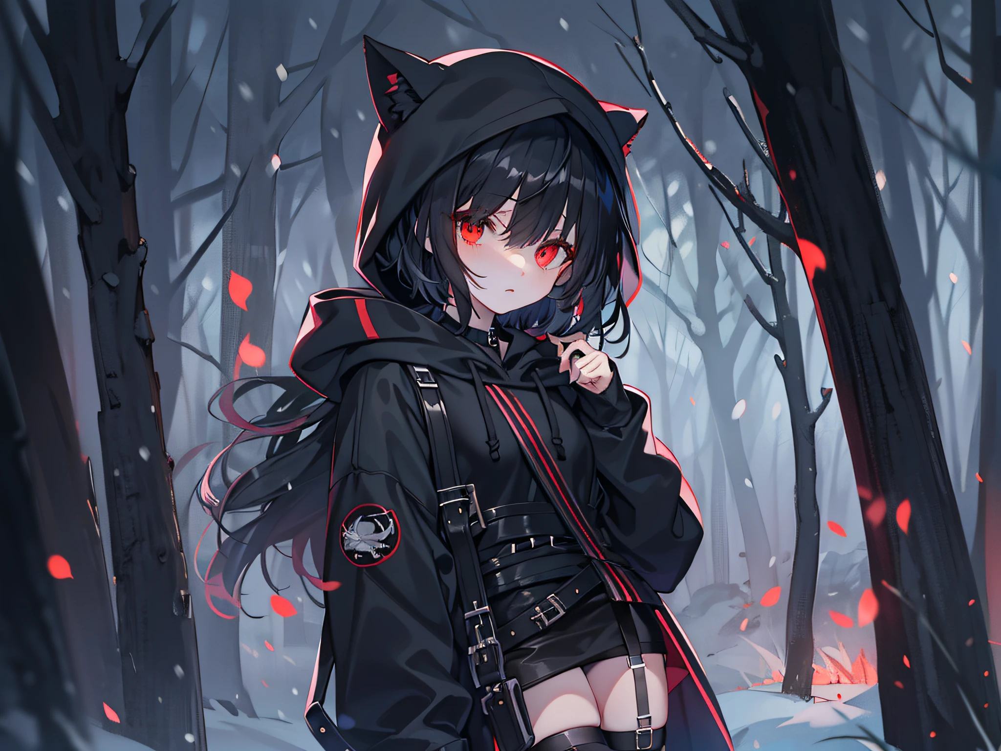 red color eyes, Black color hair, Black platform boots, short detailed hair, black thigh socks, hair on one eye, black   hoodie, Black thigh strap, black sash,nigth，black short skirt，ln the forest，at winter season