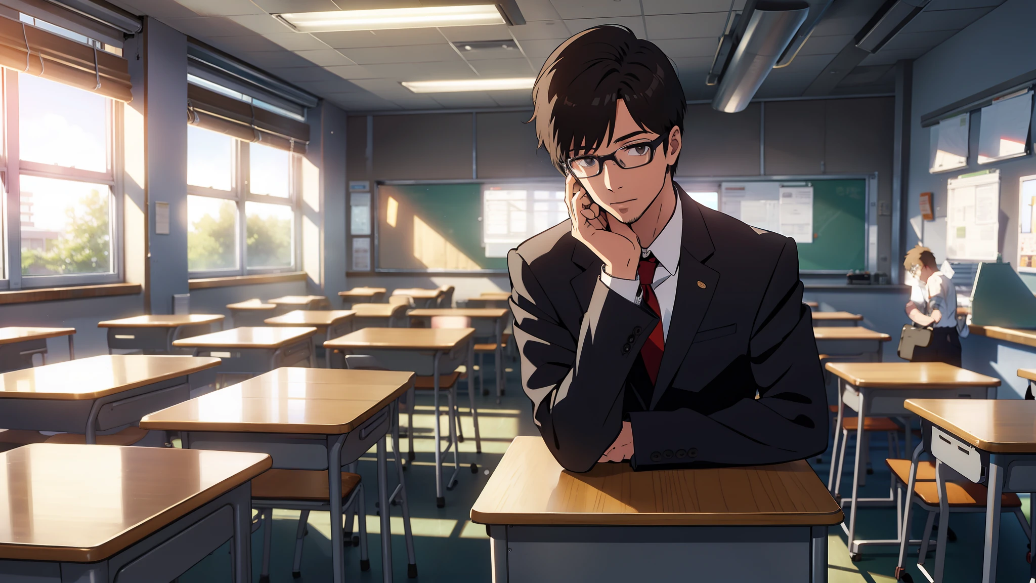 high school classroom，A boy with glasses