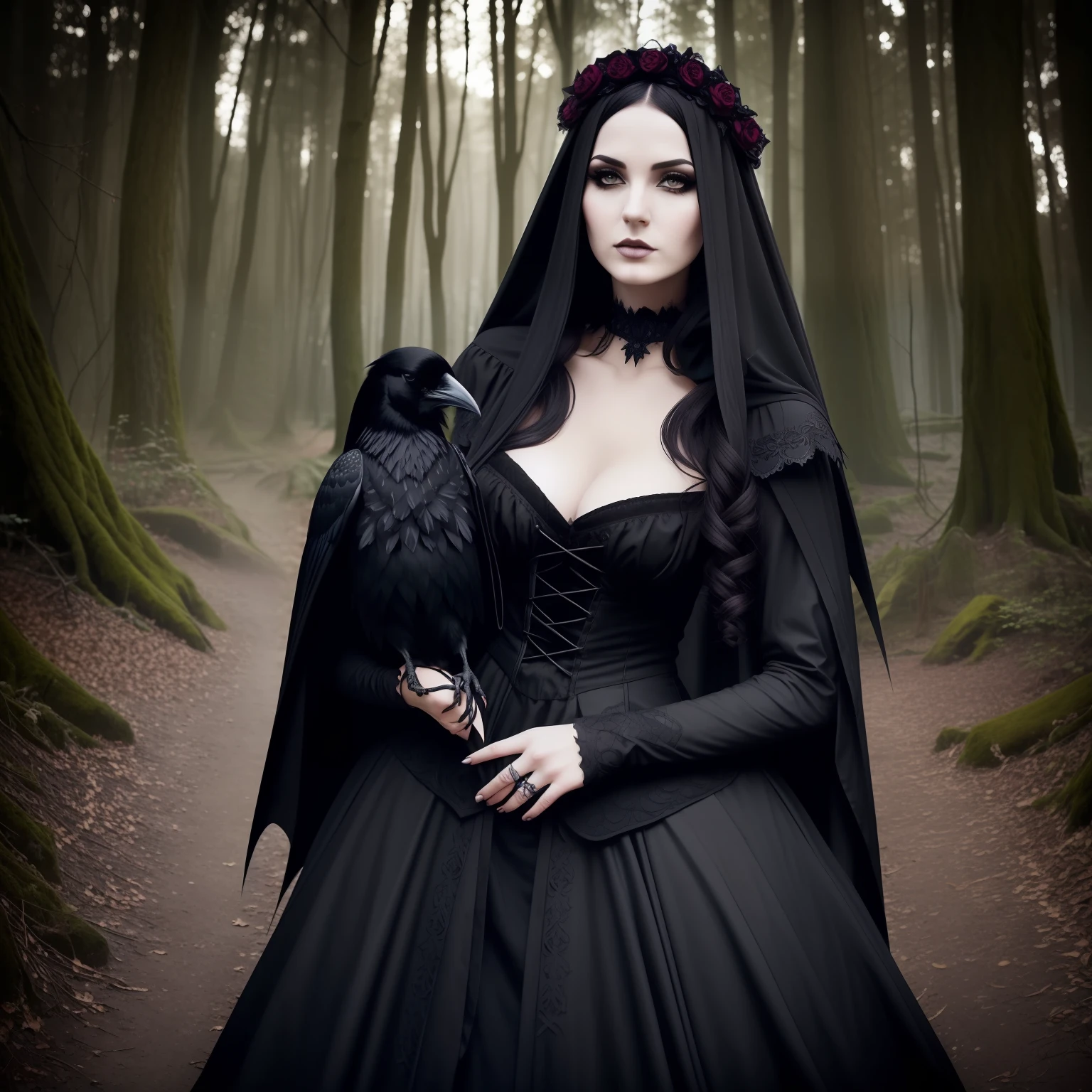 arafed image of a woman holding a bird in a forest, gothic clothing, dark and gothic, gothic fashion, gothic maiden of the dark, gothic style, gothic, gothic girl, gothic maiden, gothic horror vibes, gothic!!, gothic fantasy, raven winged female vampire, gothic aesthetic, dark witch, dark fairytale, dark fantasy style, gothic clothes, dark beauty