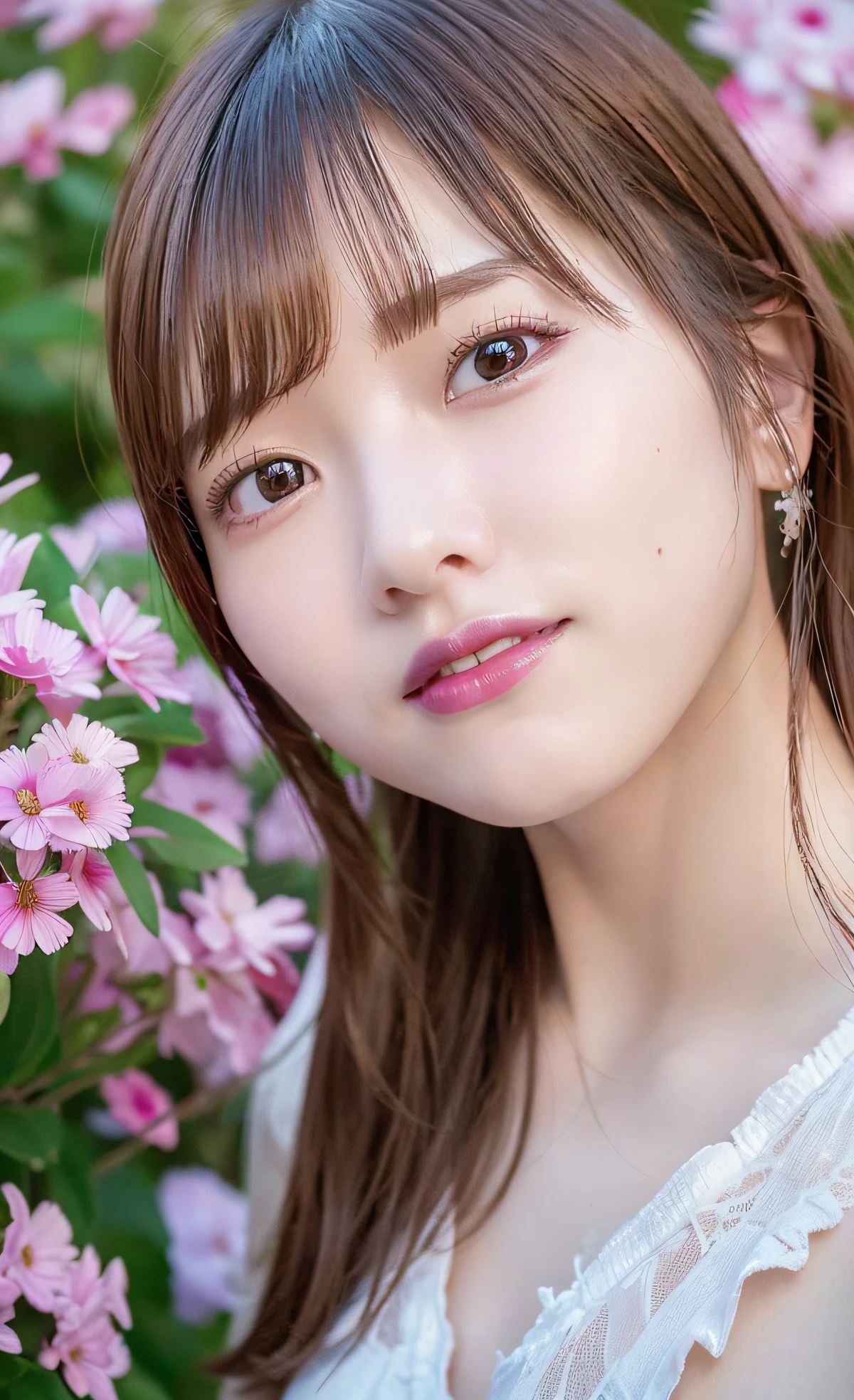 8K,Professional Lighting ,Aerial perspective ,超A high resolution ,(photographrealistic: 1.3) ,kawaii , (tits out:1.1) ,vivid flowers ,plain white bra,Detailed face ,bob cuts ,(((Asymmetry))) ,