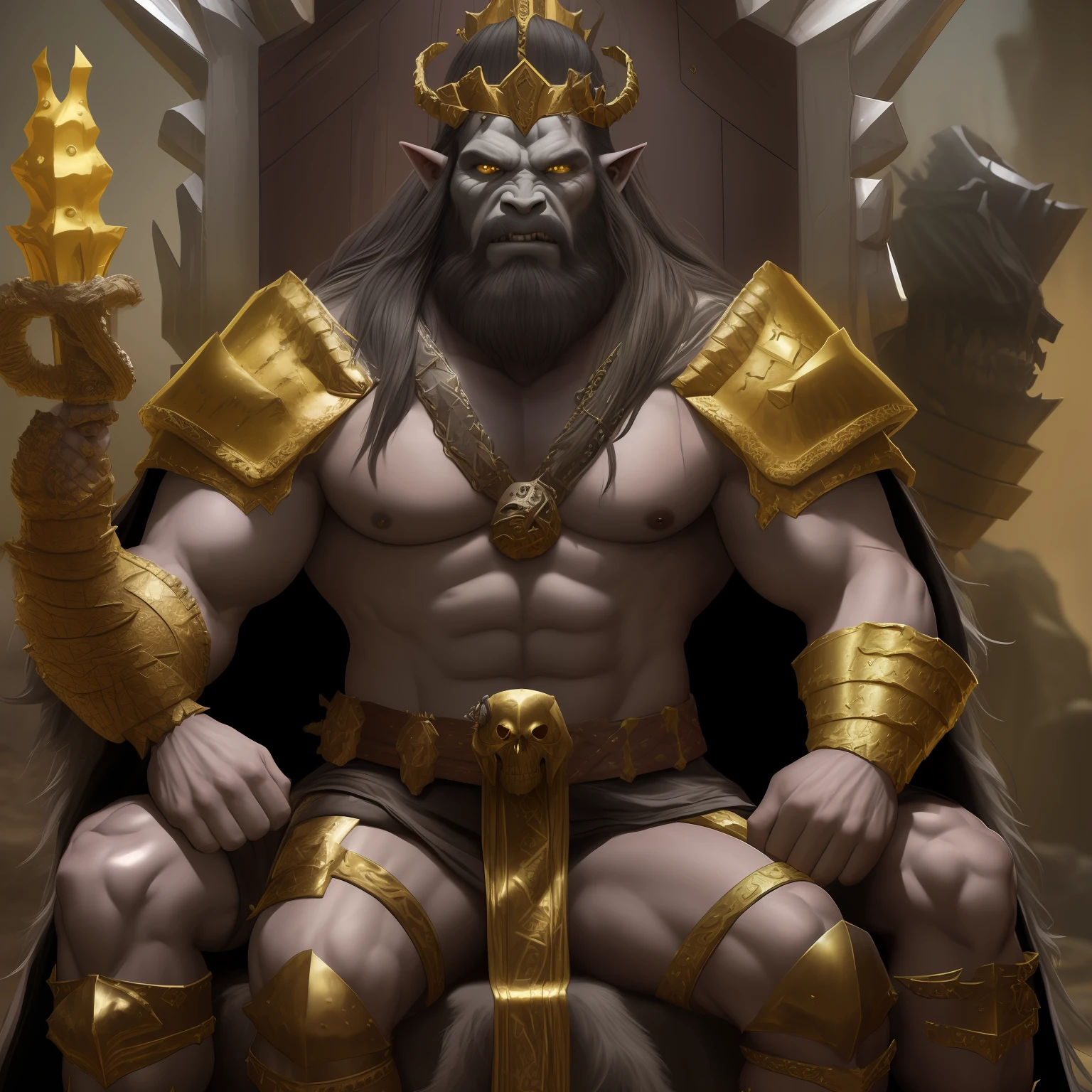male orc, long hair, beard, muscular, wearing golden crown, wearing animal leather clothing, cloak, cape gold armor adorned with animal bones, the armor covers his body, sitting on a throne made of dragon bones camp, human skulls stacked around the throne 8k, ultra realistic and detailed