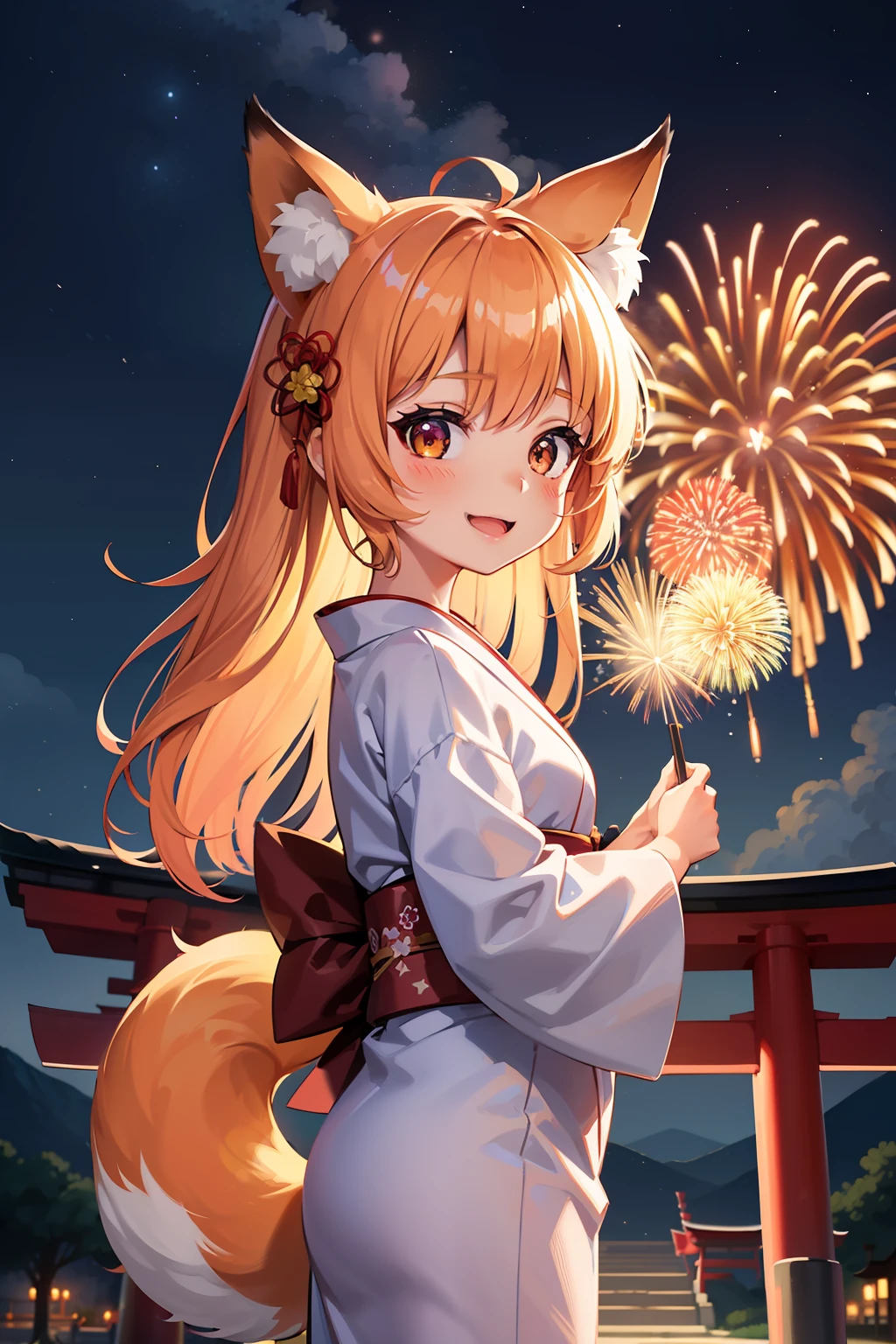 Kawaii girl, small fox ears, fox tail, wearing traditional yukata, standing on a hill, fireworks on background, night, full moon, magical sky, smiling, blushing, girl, traditional Japanese, ultra realistic background, colorful fireworks, torii, inari statue