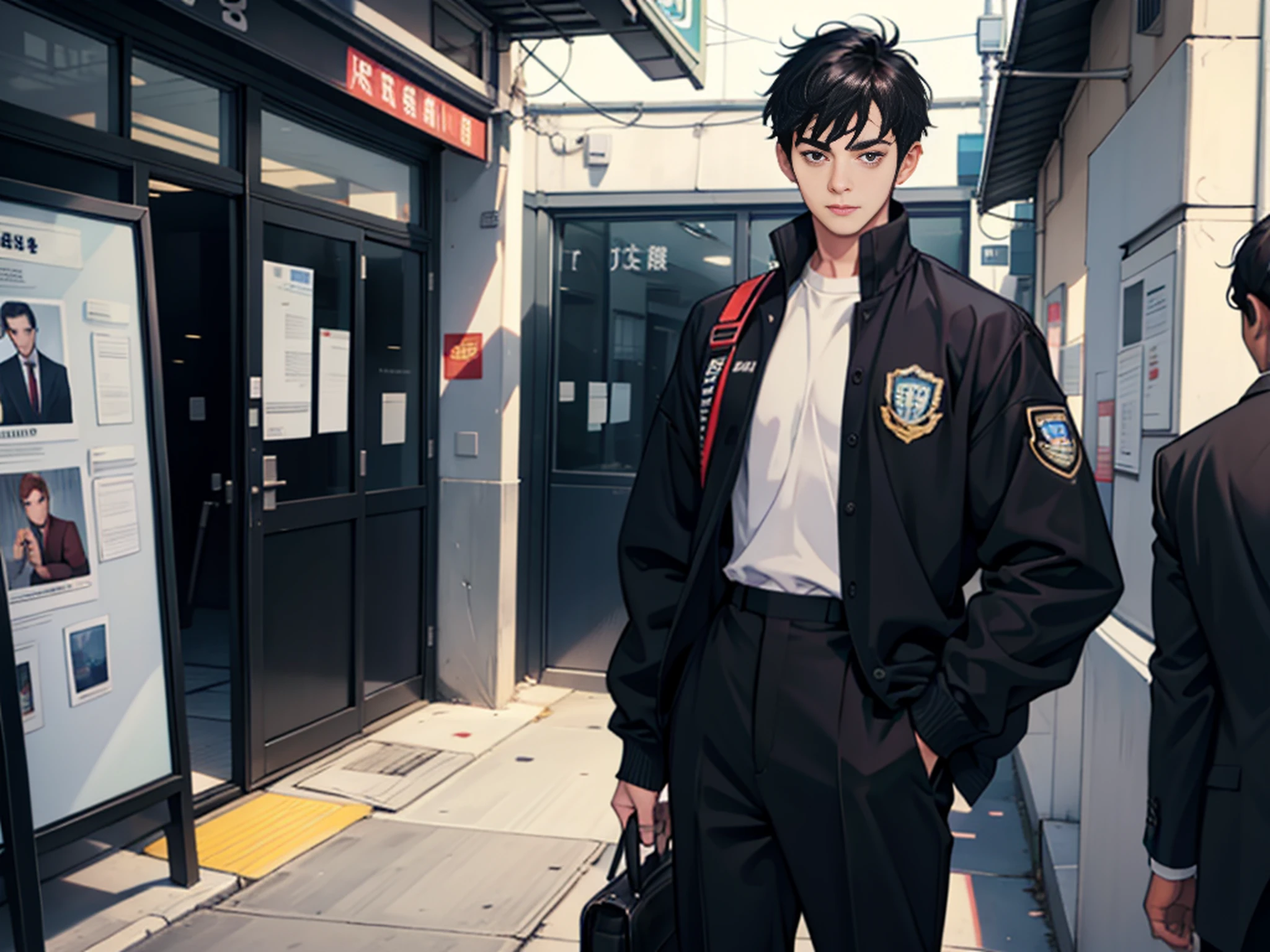 Male student A young man with short black hair in a school uniform stands at the entrance of an Internet café facing outside