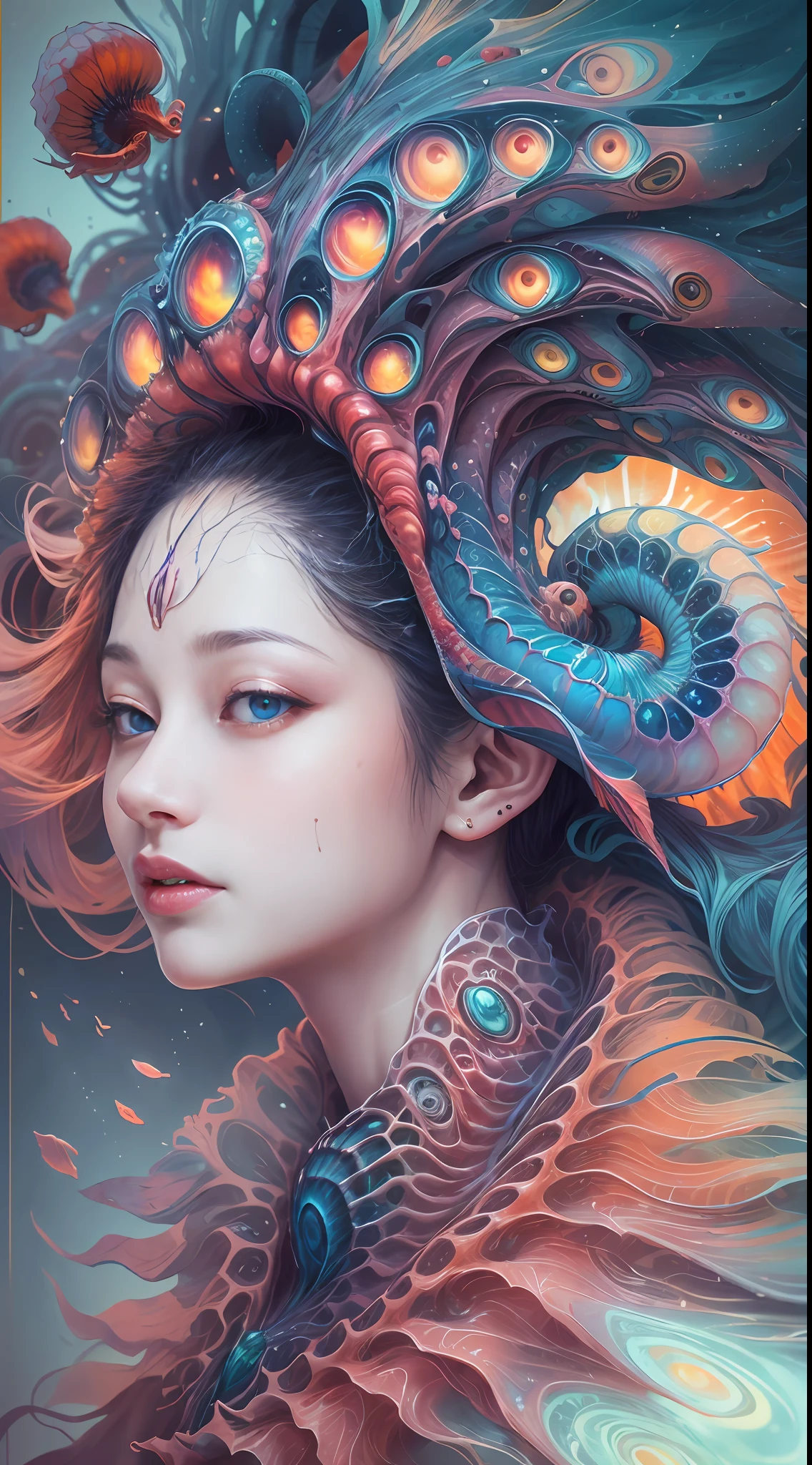 best qualtiy，tmasterpiece，超高分辨率，（photograph realistic：1.4），ultra-realistic realism，Dream-like，The beautiful blue-skinned goddess wears a phoenix peacock on her head, Nautilus, a betta fish，The creation of fantasy，Brain conch，Dream Conch，Biopunk Nautilus，Thrilling color scheme， ultra-realistic realism， abstracted， psychedelia,